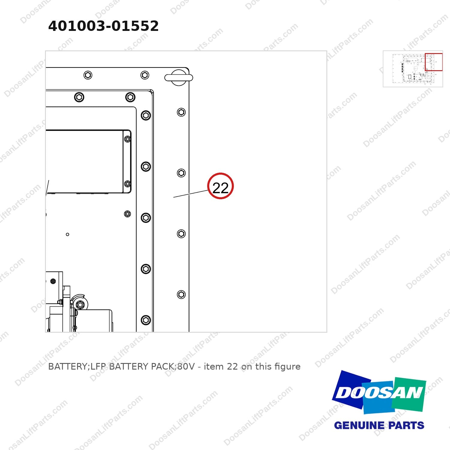 401003-01552 BATTERY;LFP BATTERY PACK;80V - parts diagram, item 22 shown - genuine Doosan / Bobcat forklift part
