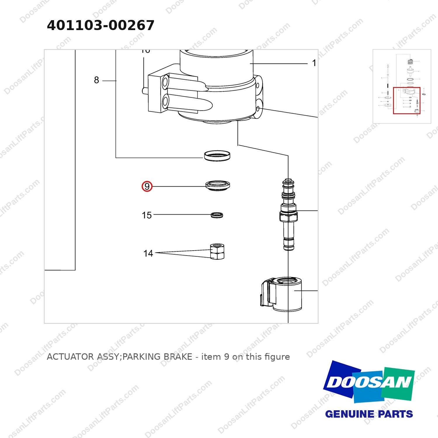 401103-00267 ACTUATOR ASSY;PARKING BRAKE - parts diagram, item 9 shown - genuine Doosan / Bobcat forklift part