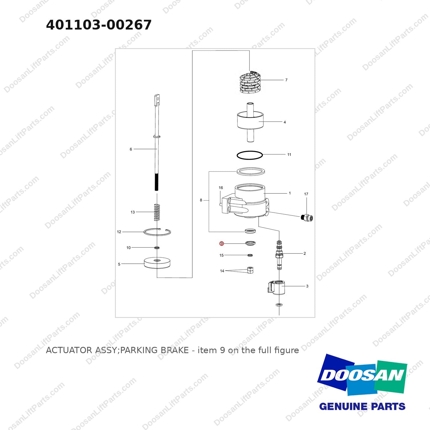 401103-00267 ACTUATOR ASSY;PARKING BRAKE - full parts diagram, item 9 marked - genuine Doosan / Bobcat forklift part