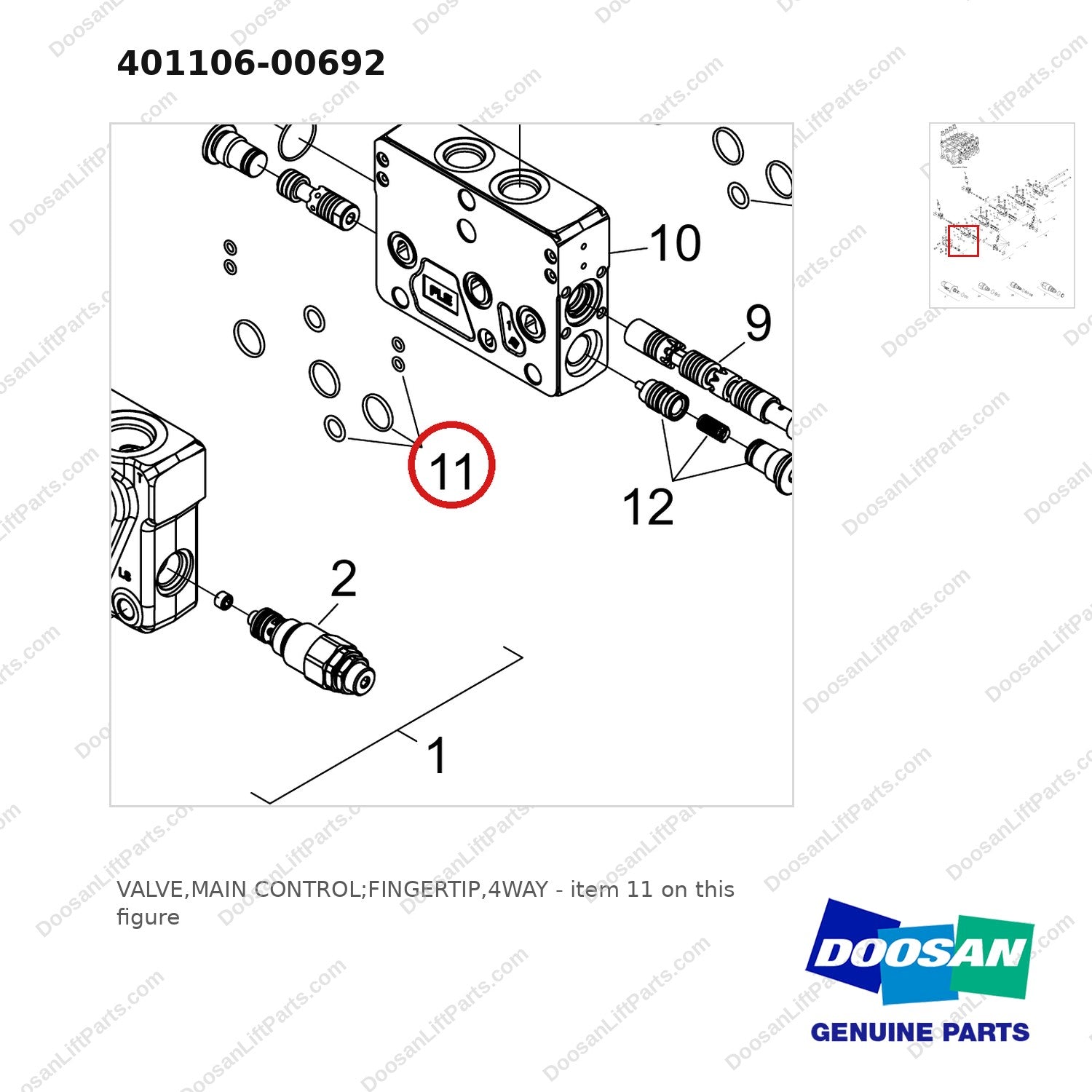 401106-00692 VALVE,MAIN CONTROL;FINGERTIP,4WAY - parts diagram, item 11 shown - genuine Doosan / Bobcat forklift part