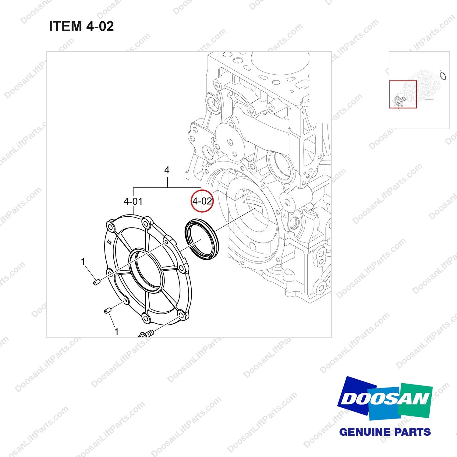 401106-01168 HOLDER ASSY,OIL SEAL;DN03 - parts diagram, item 4-02 shown - genuine Doosan / Bobcat forklift part