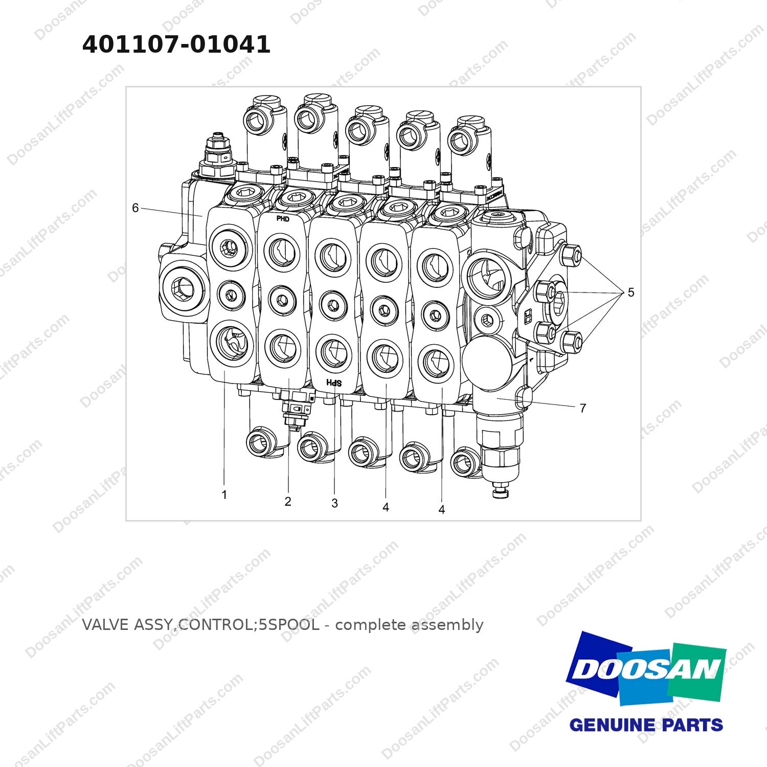 401107-01041 VALVE ASSY,CONTROL;5SPOOL - full parts diagram - genuine Doosan / Bobcat forklift part