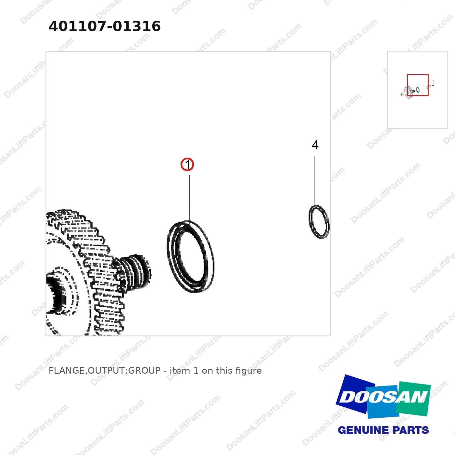 401107-01316 FLANGE,OUTPUT;GROUP - parts diagram, item 1 shown - genuine Doosan / Bobcat forklift part