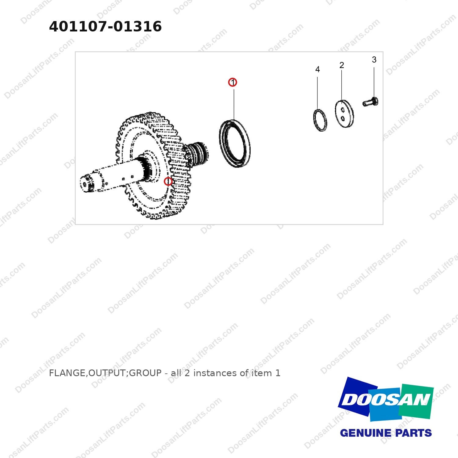 401107-01316 FLANGE,OUTPUT;GROUP - full parts diagram, item 1 marked - genuine Doosan / Bobcat forklift part