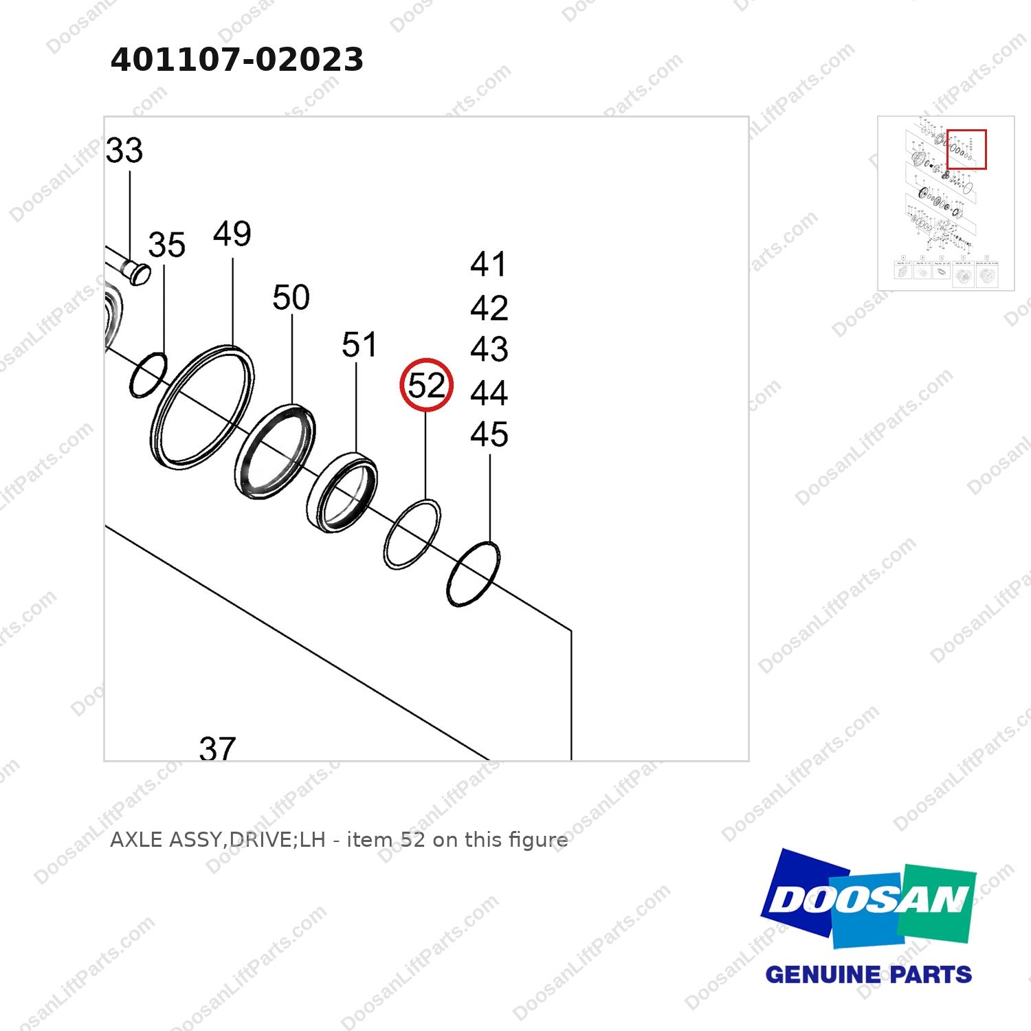 401107-02023 AXLE ASSY,DRIVE;LH - parts diagram, item 52 shown - genuine Doosan / Bobcat forklift part