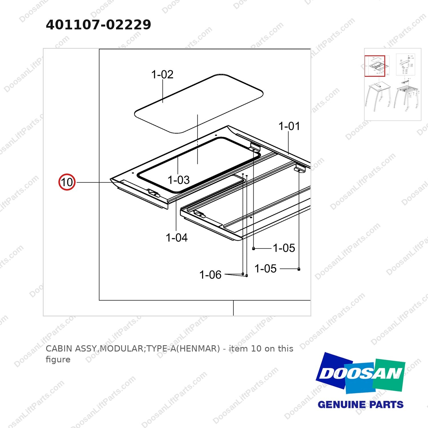401107-02229 CABIN ASSY,MODULAR;TYPE-A(HENMAR) - parts diagram, item 10 shown - genuine Doosan / Bobcat forklift part