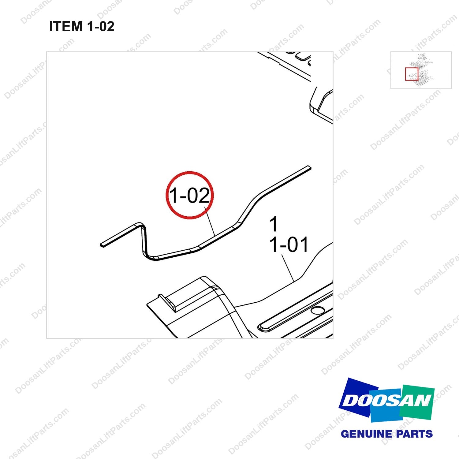401107-02808 FLOOR PLATE GROUP;CABIN - parts diagram, item 1-02 shown - genuine Doosan / Bobcat forklift part