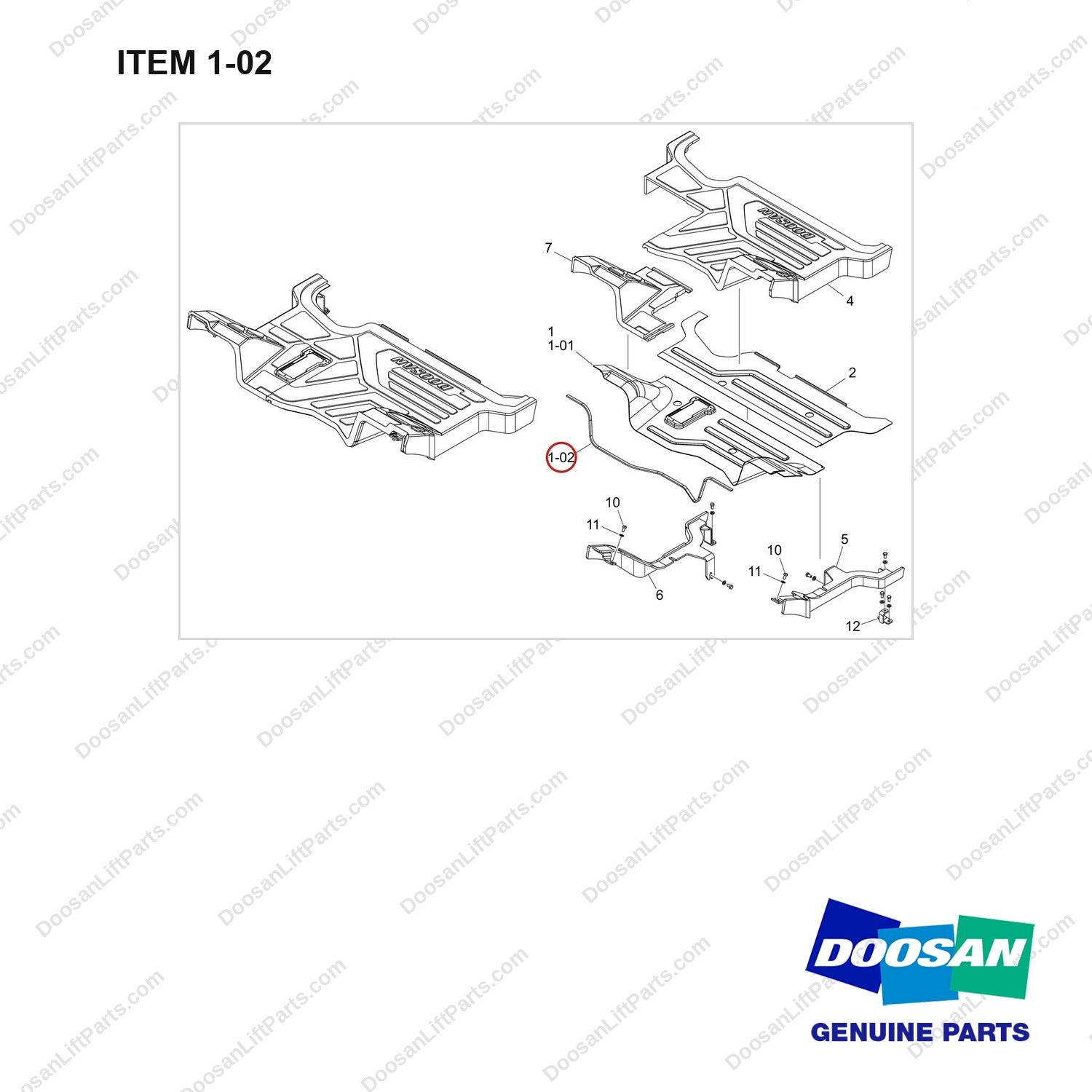 401107-02818 FLOOR PLATE GP;OVHG D25S-9 - full parts diagram, item 1-02 marked - genuine Doosan / Bobcat forklift part