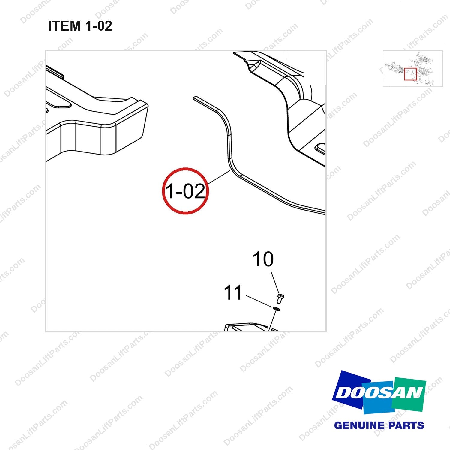 401107-02818 FLOOR PLATE GP;OVHG D25S-9 - parts diagram, item 1-02 shown - genuine Doosan / Bobcat forklift part