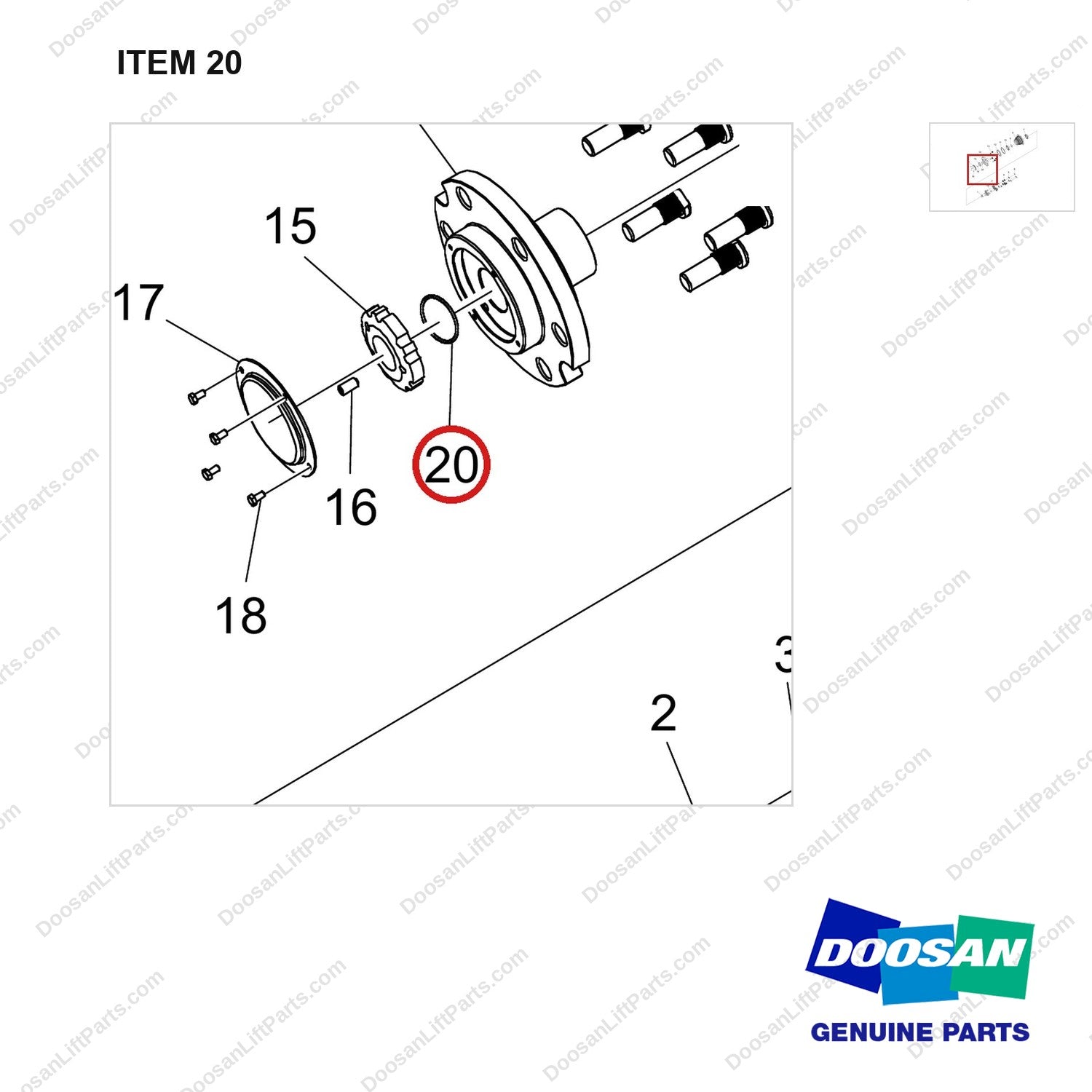 401107-02991 HUB ASSY - parts diagram, item 20 shown - genuine Doosan / Bobcat forklift part