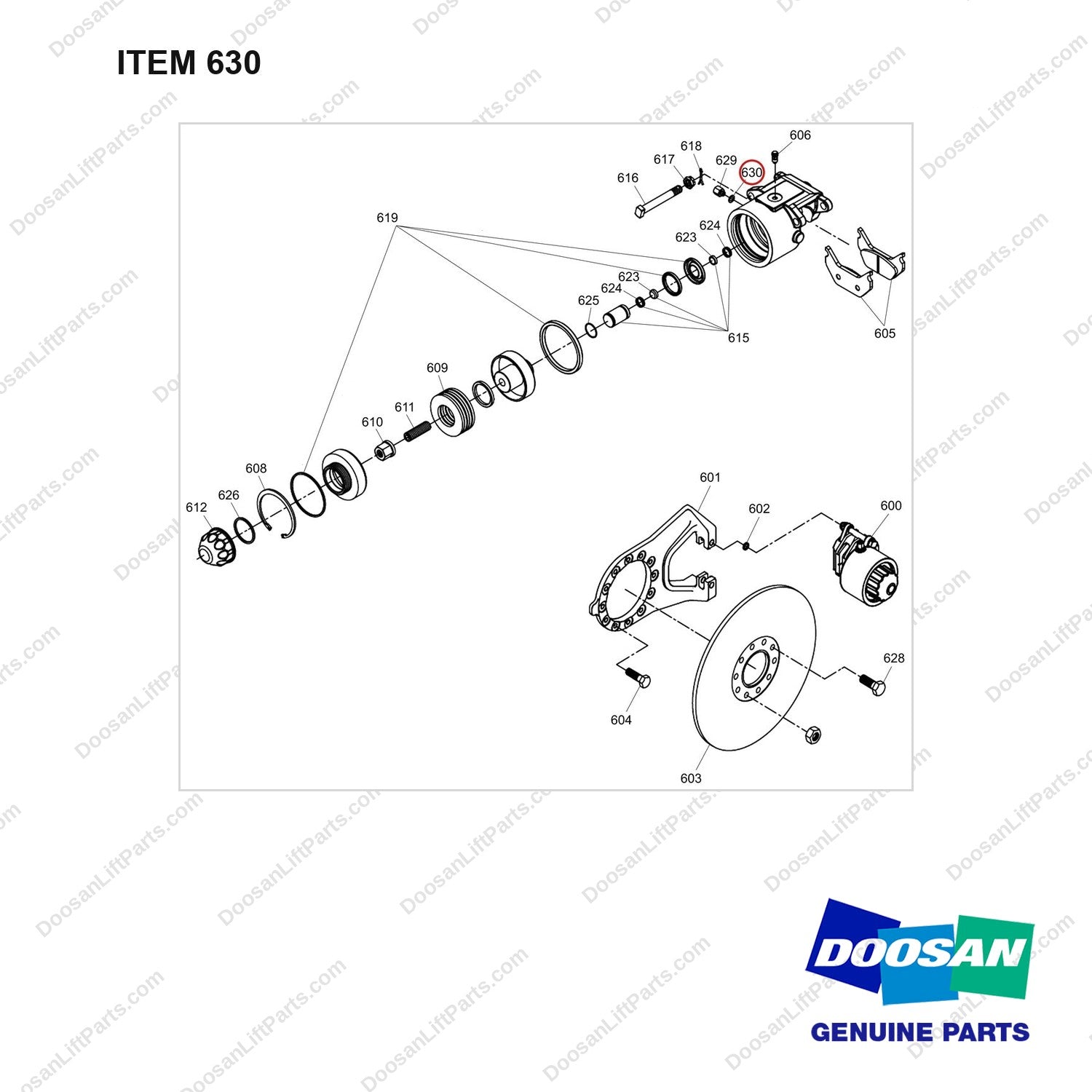 401109-00178 RETAINER;PARKING BRAKE - full parts diagram, item 630 marked - genuine Doosan / Bobcat forklift part