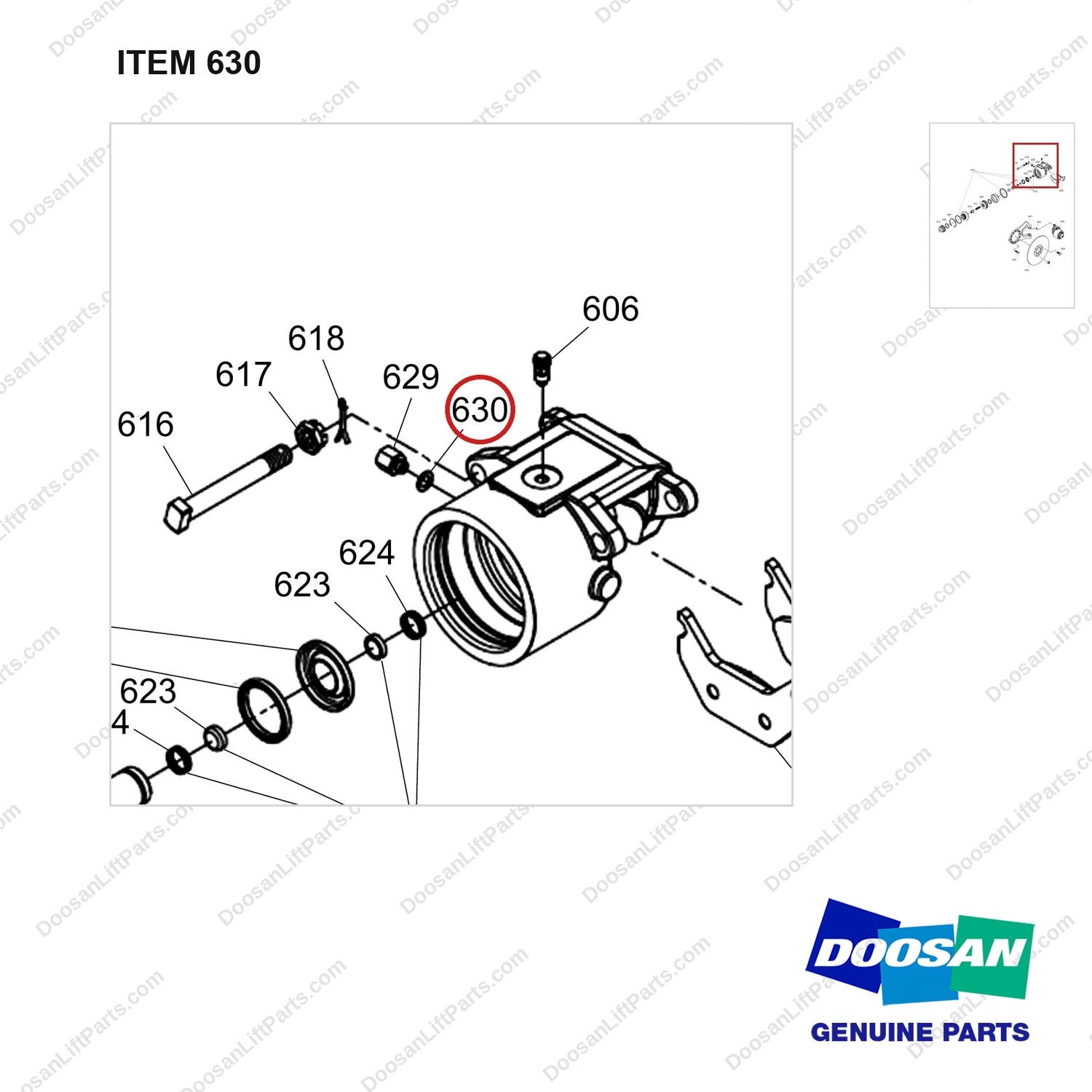 401109-00178 RETAINER;PARKING BRAKE - parts diagram, item 630 shown - genuine Doosan / Bobcat forklift part