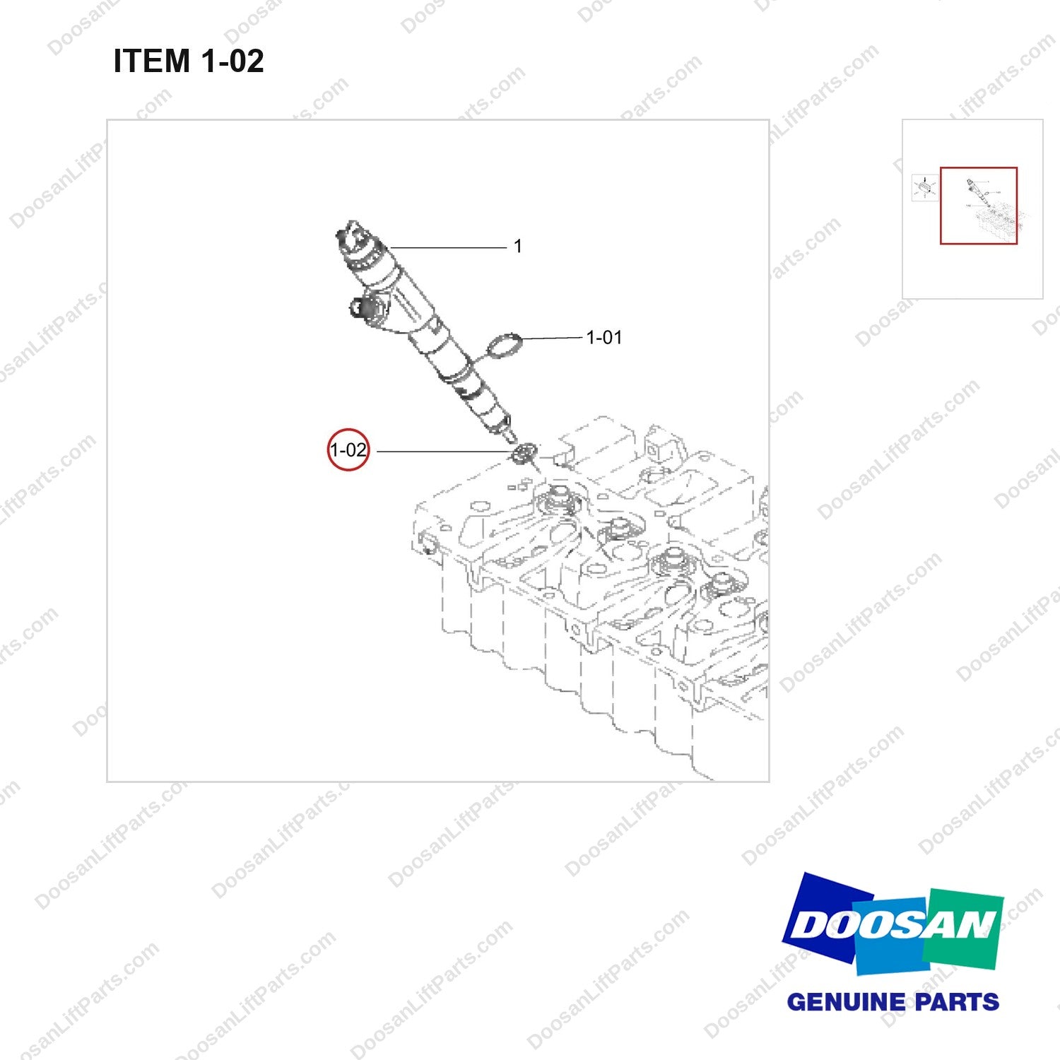 401109-00261 GROUP;FUEL INJECTOR - parts diagram, item 1-02 shown - genuine Doosan / Bobcat forklift part