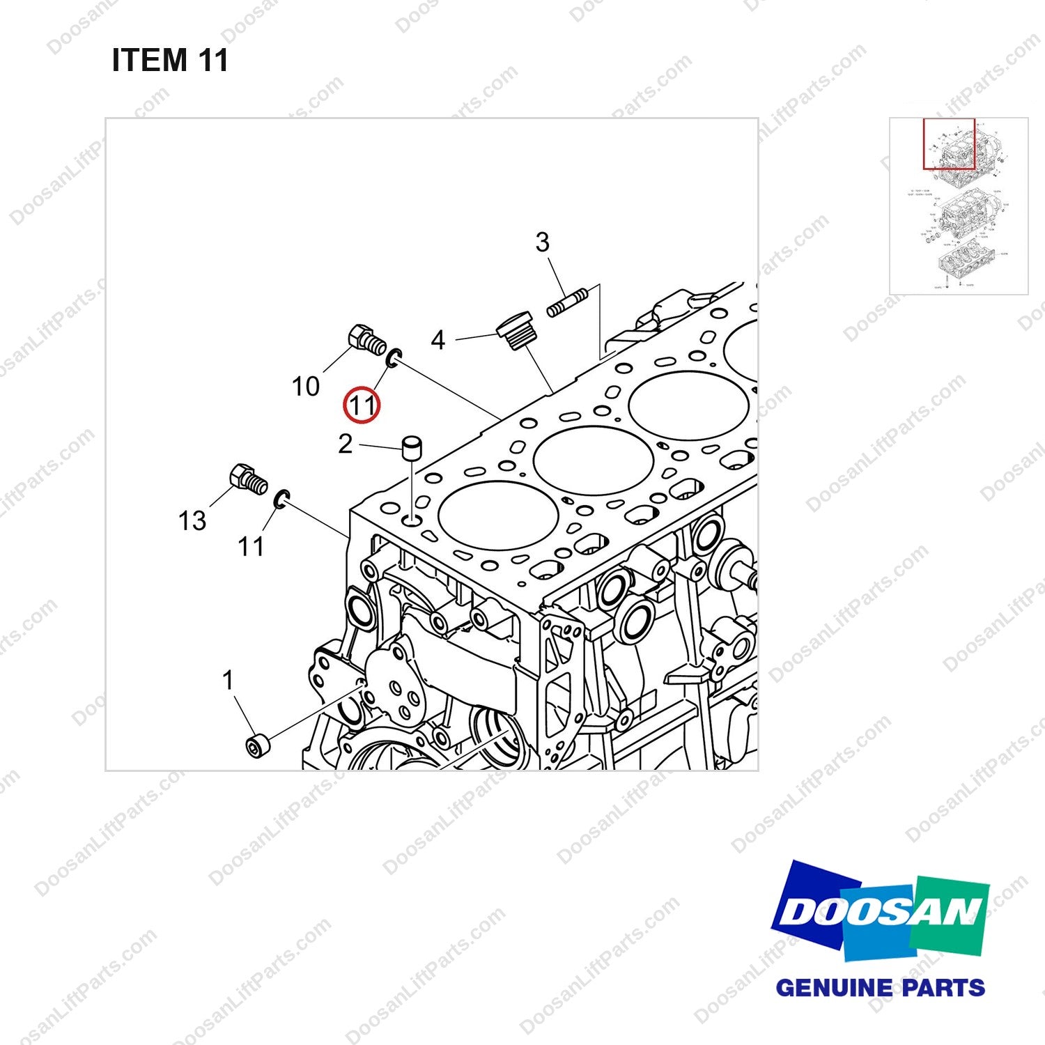 401109-00314 BLOCK ASSY,CYLINDER;DN03 - parts diagram, item 11 shown - genuine Doosan / Bobcat forklift part