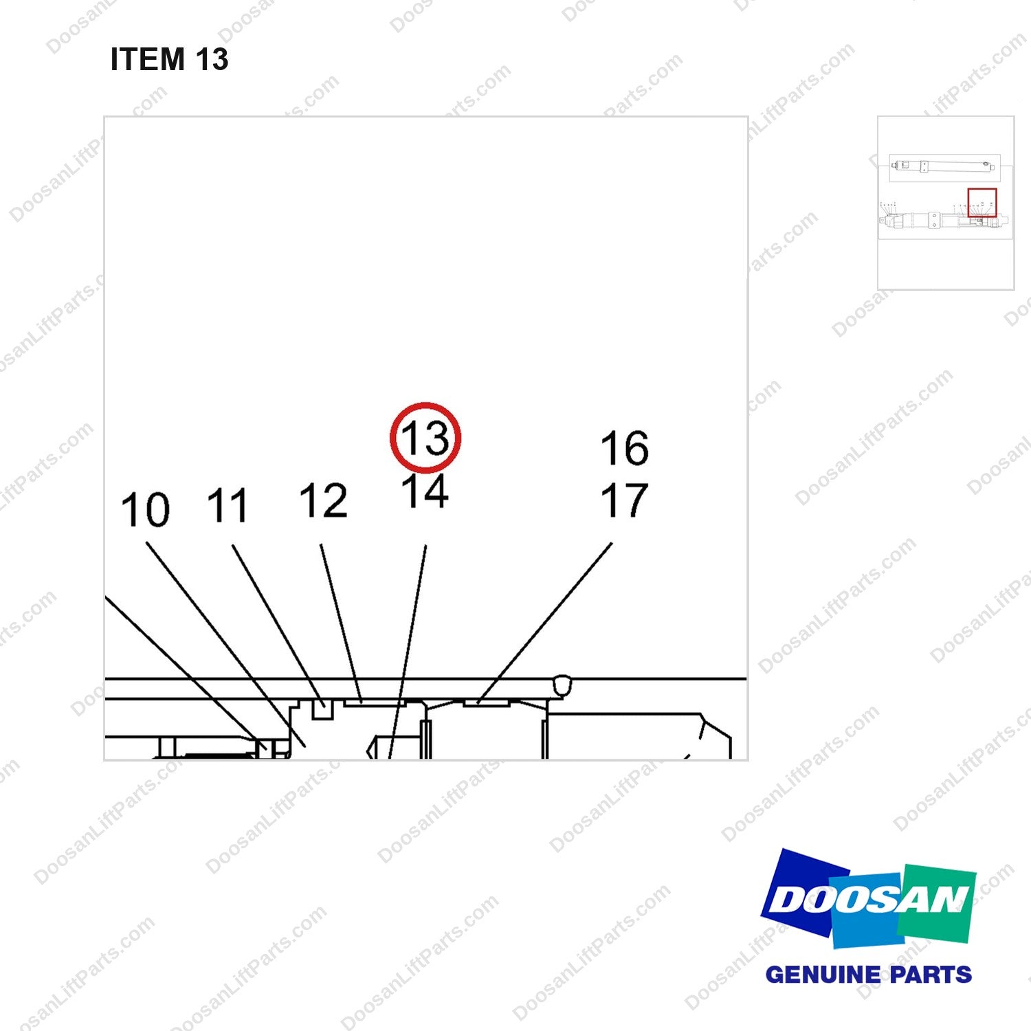 410104-00344 CYLINDER ASSY,LIFT;FFT4250RH - parts diagram, item 13 shown - genuine Doosan / Bobcat forklift part