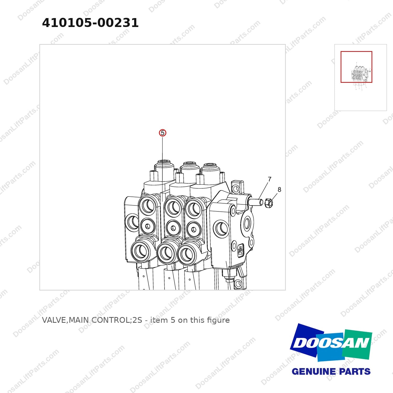410105-00231 VALVE,MAIN CONTROL;2S - parts diagram, item 5 shown - genuine Doosan / Bobcat forklift part