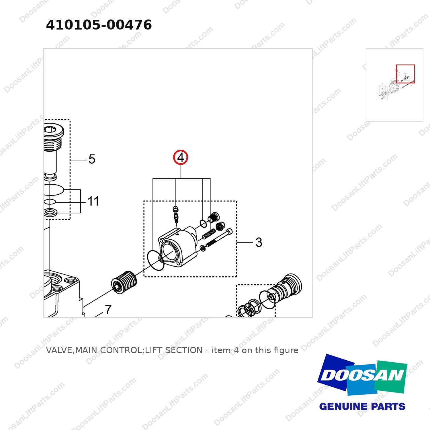 410105-00476 VALVE,MAIN CONTROL;LIFT SECTION - parts diagram, item 4 shown - genuine Doosan / Bobcat forklift part