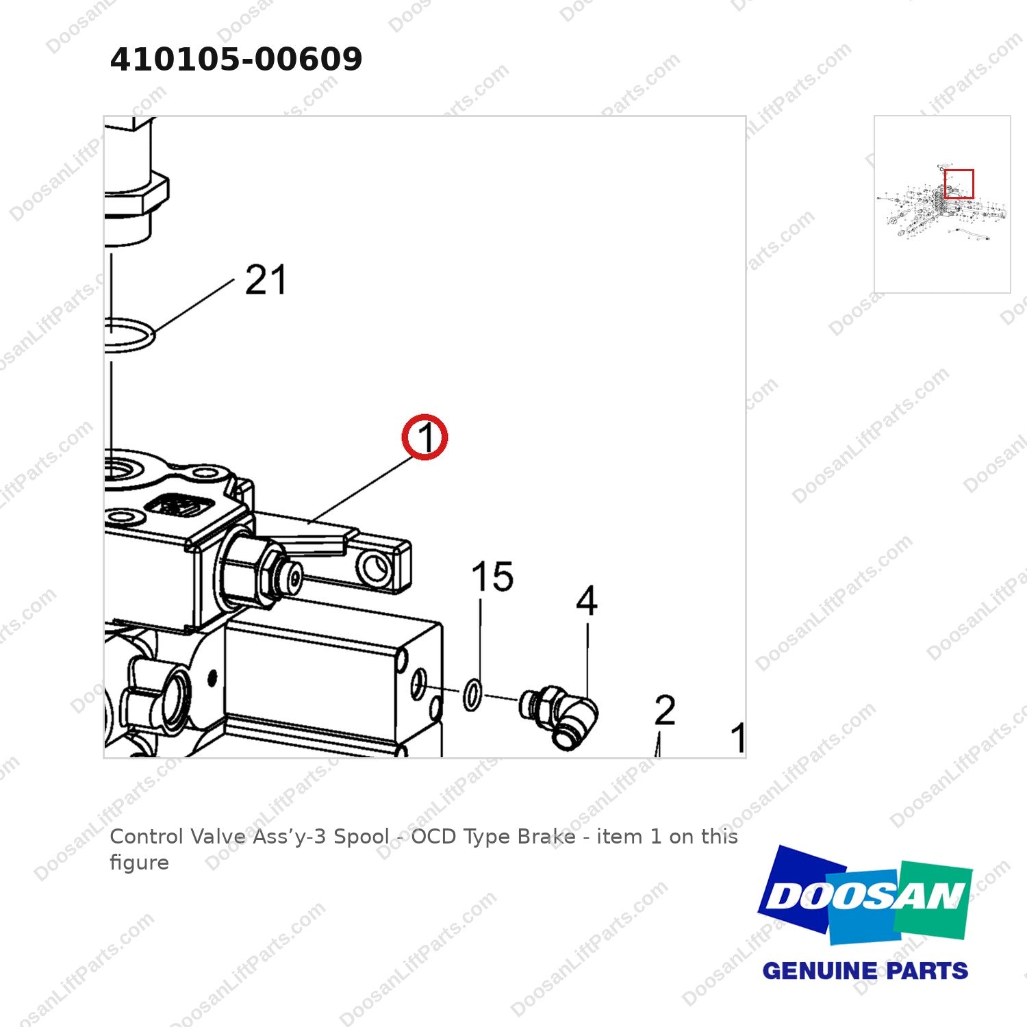 410105-00609 Control Valve Ass'y-3 Spool - OCD Type Brake - parts diagram, item 1 shown - genuine Doosan / Bobcat forklift part