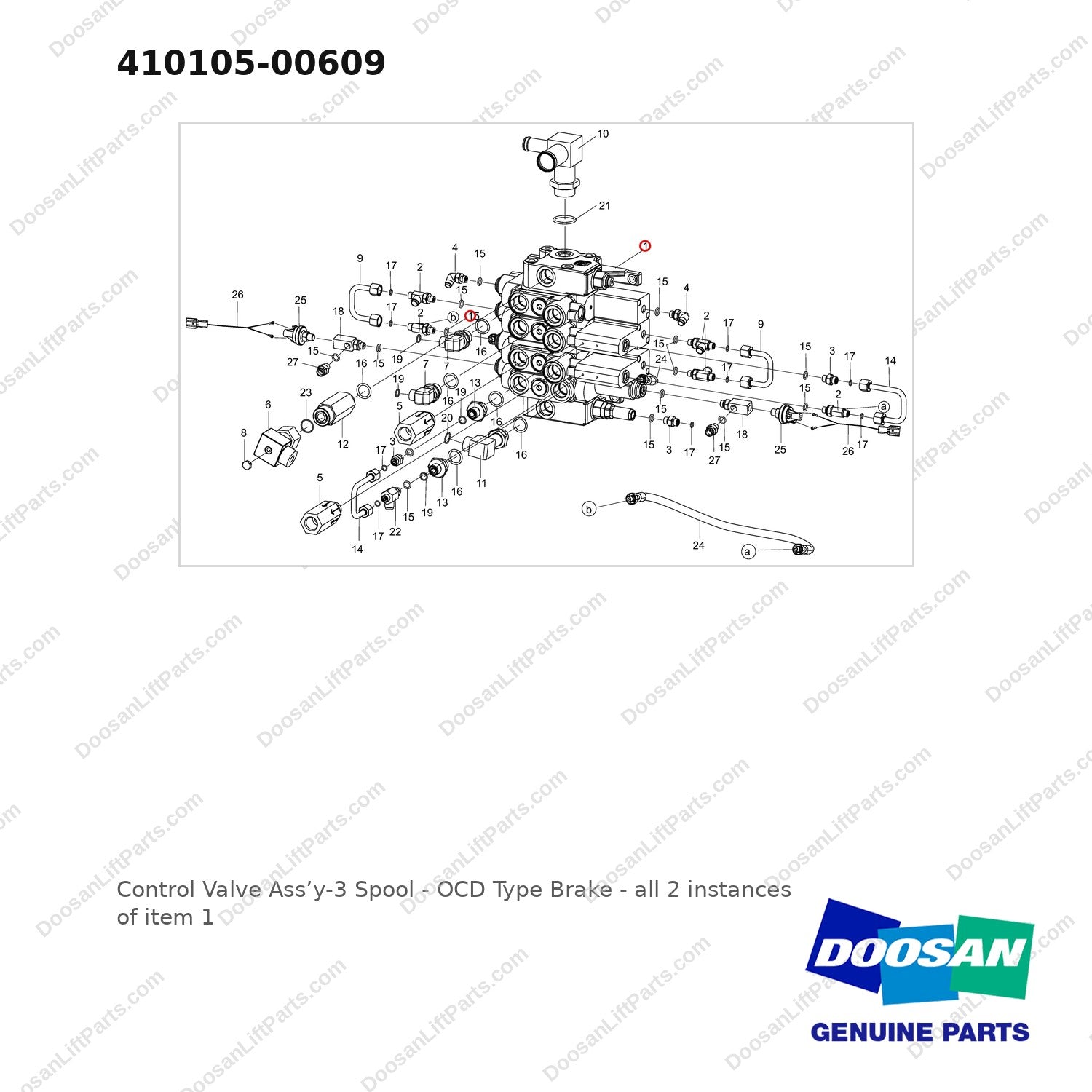 410105-00609 Control Valve Ass'y-3 Spool - OCD Type Brake - full parts diagram, item 1 marked - genuine Doosan / Bobcat forklift part