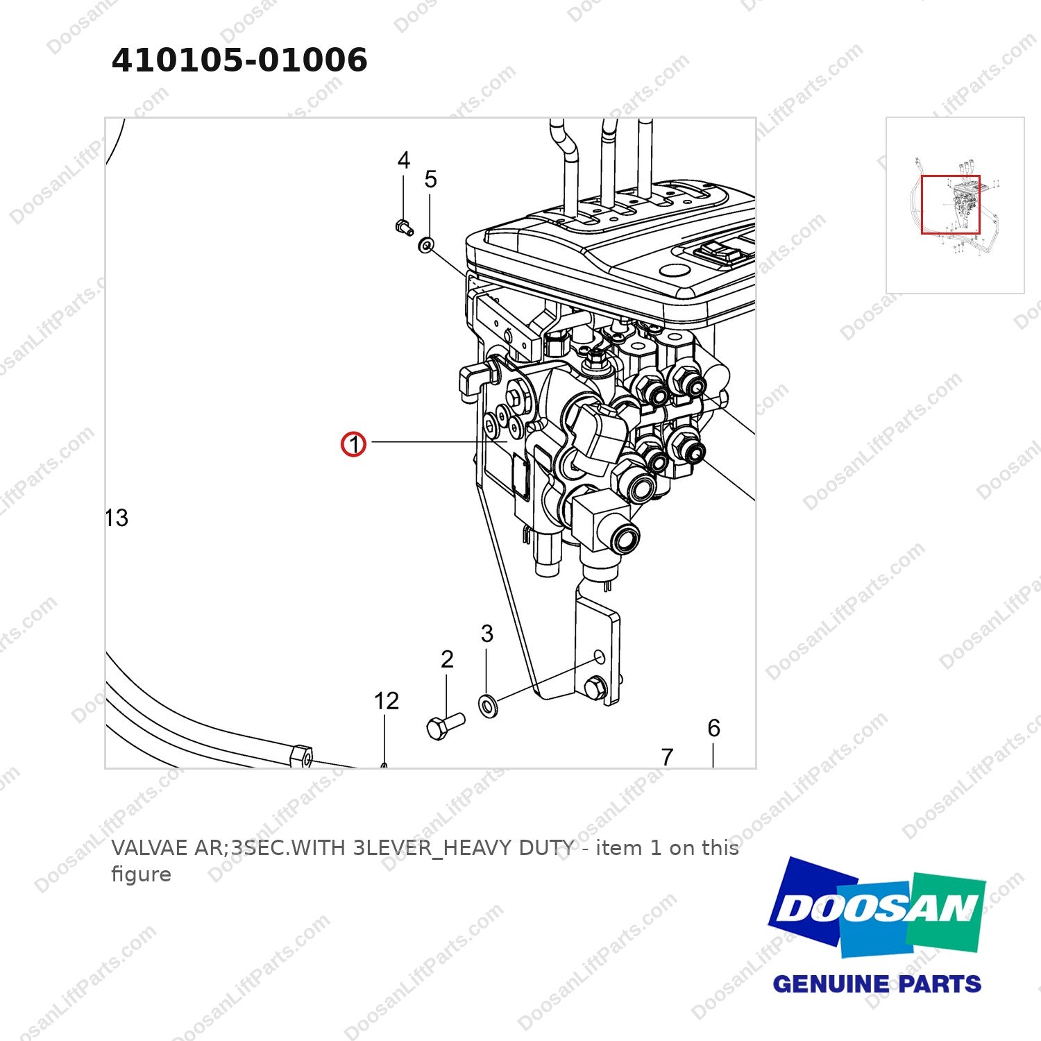 410105-01006 VALVAE AR;3SEC.WITH 3LEVER_HEAVY DUTY - parts diagram, item 1 shown - genuine Doosan / Bobcat forklift part