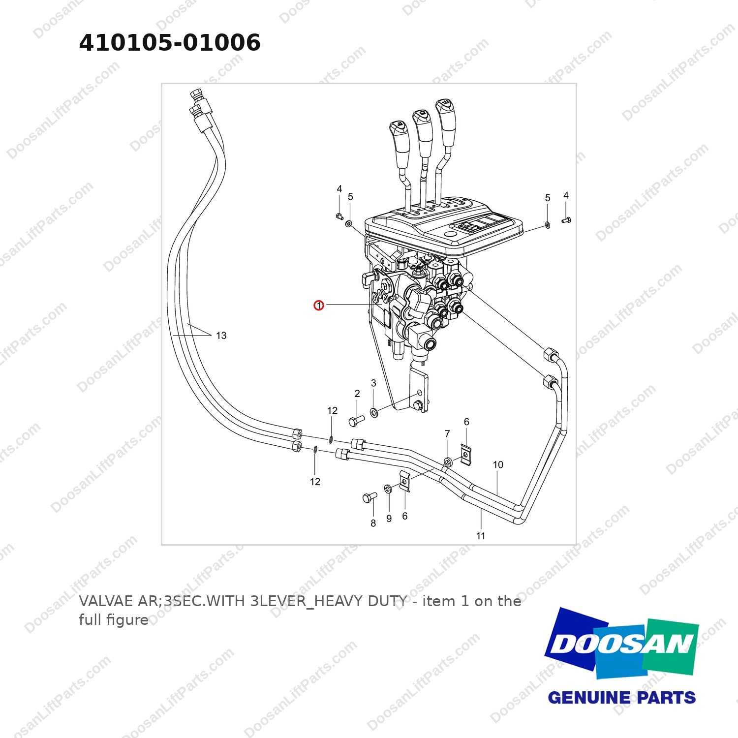 410105-01006 VALVAE AR;3SEC.WITH 3LEVER_HEAVY DUTY - full parts diagram, item 1 marked - genuine Doosan / Bobcat forklift part