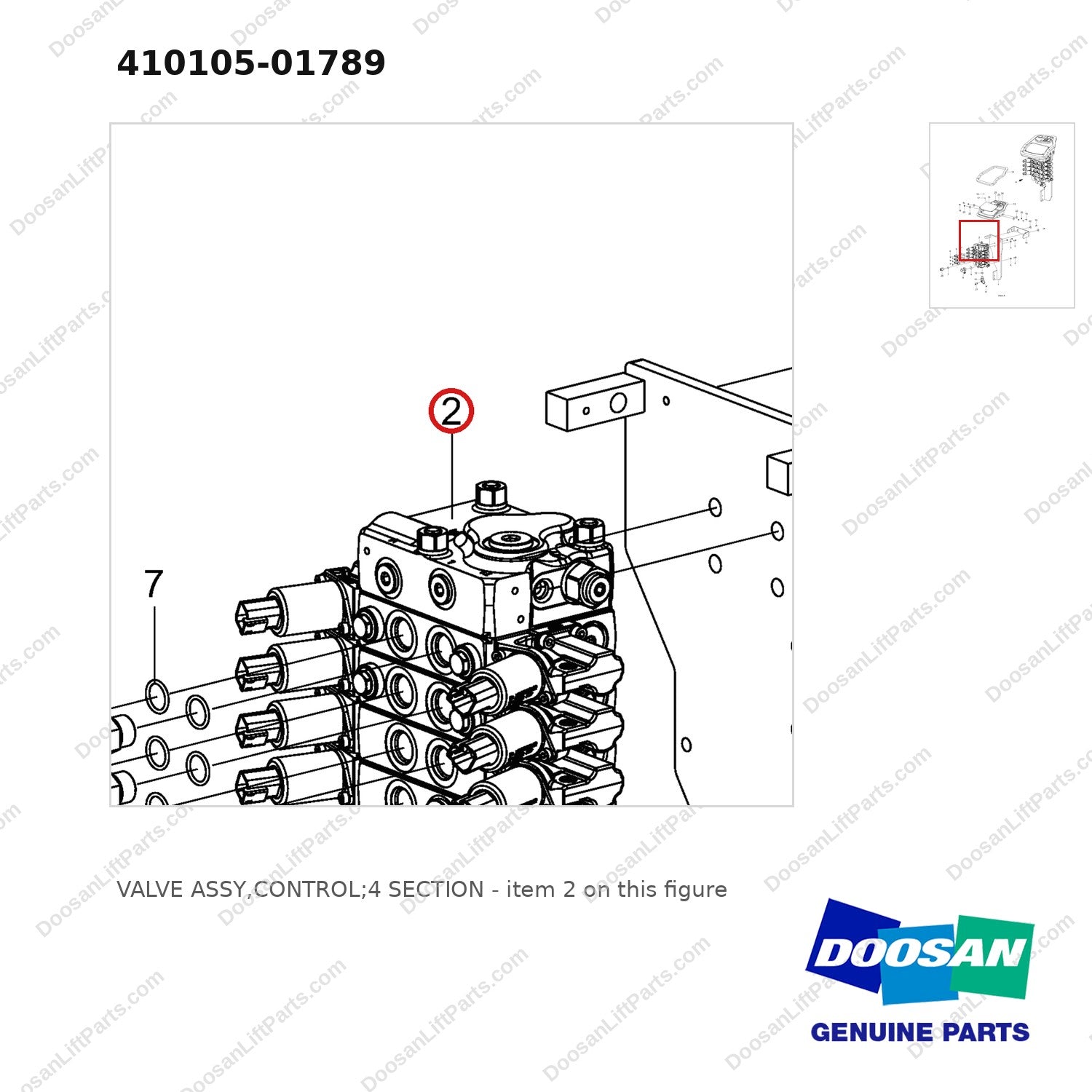 410105-01789 VALVE ASSY,CONTROL;4 SECTION - parts diagram, item 2 shown - genuine Doosan / Bobcat forklift part