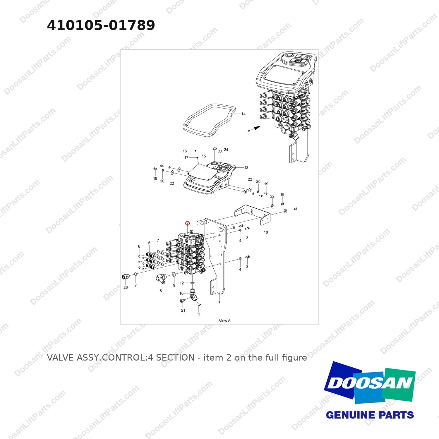 410105-01789 VALVE ASSY,CONTROL;4 SECTION - full parts diagram, item 2 marked - genuine Doosan / Bobcat forklift part