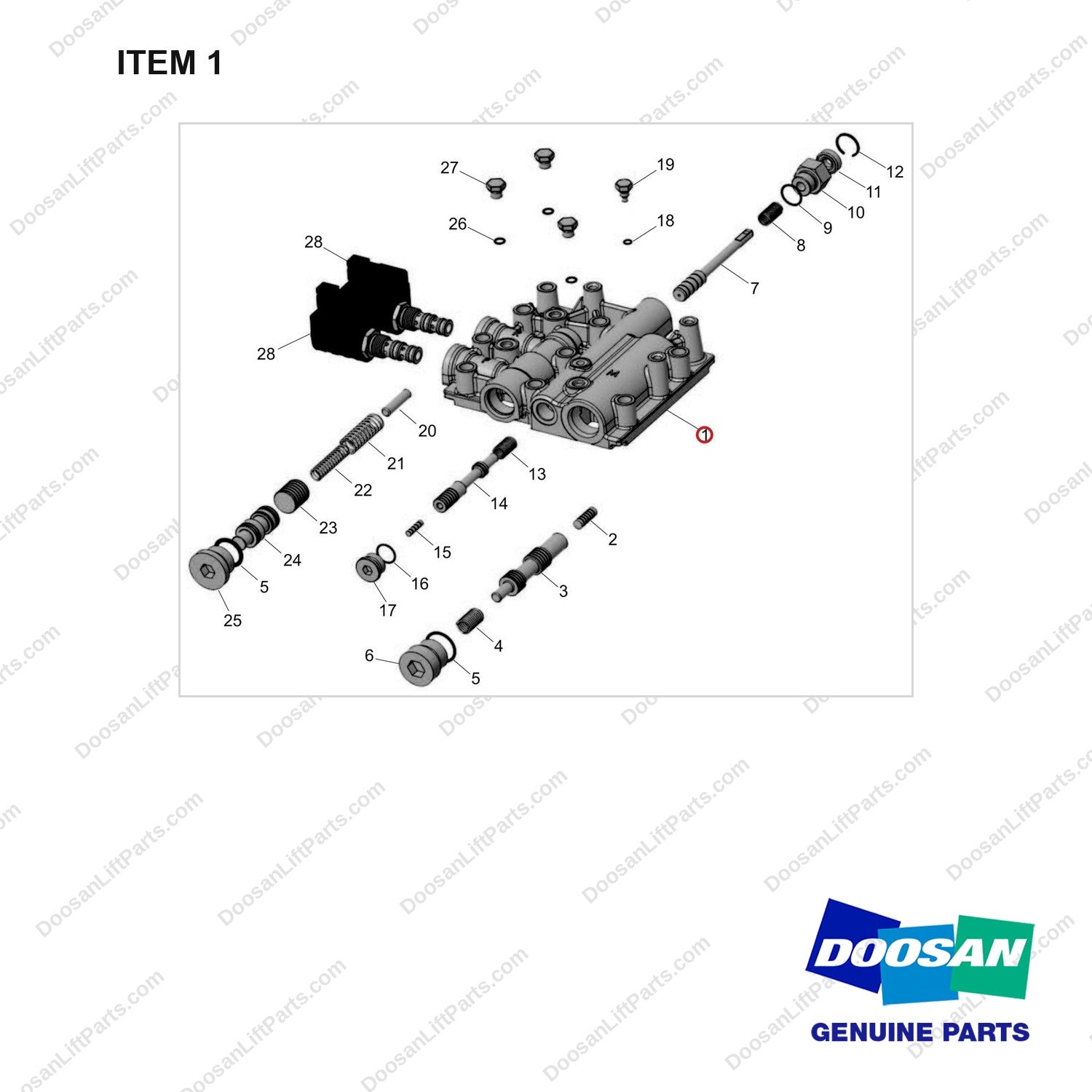 410105-02376 VALVE ASSY,CONTROL - full parts diagram, item 1 marked - genuine Doosan / Bobcat forklift part