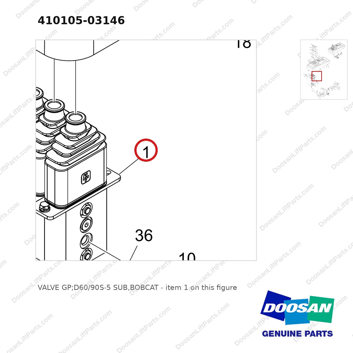 410105-03146 VALVE GP;D60/90S-5 SUB,BOBCAT - parts diagram, item 1 shown - genuine Doosan / Bobcat forklift part