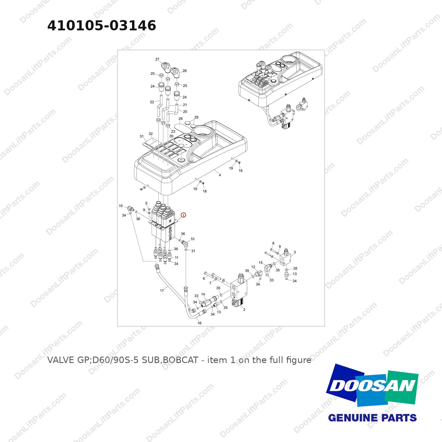 410105-03146 VALVE GP;D60/90S-5 SUB,BOBCAT - full parts diagram, item 1 marked - genuine Doosan / Bobcat forklift part