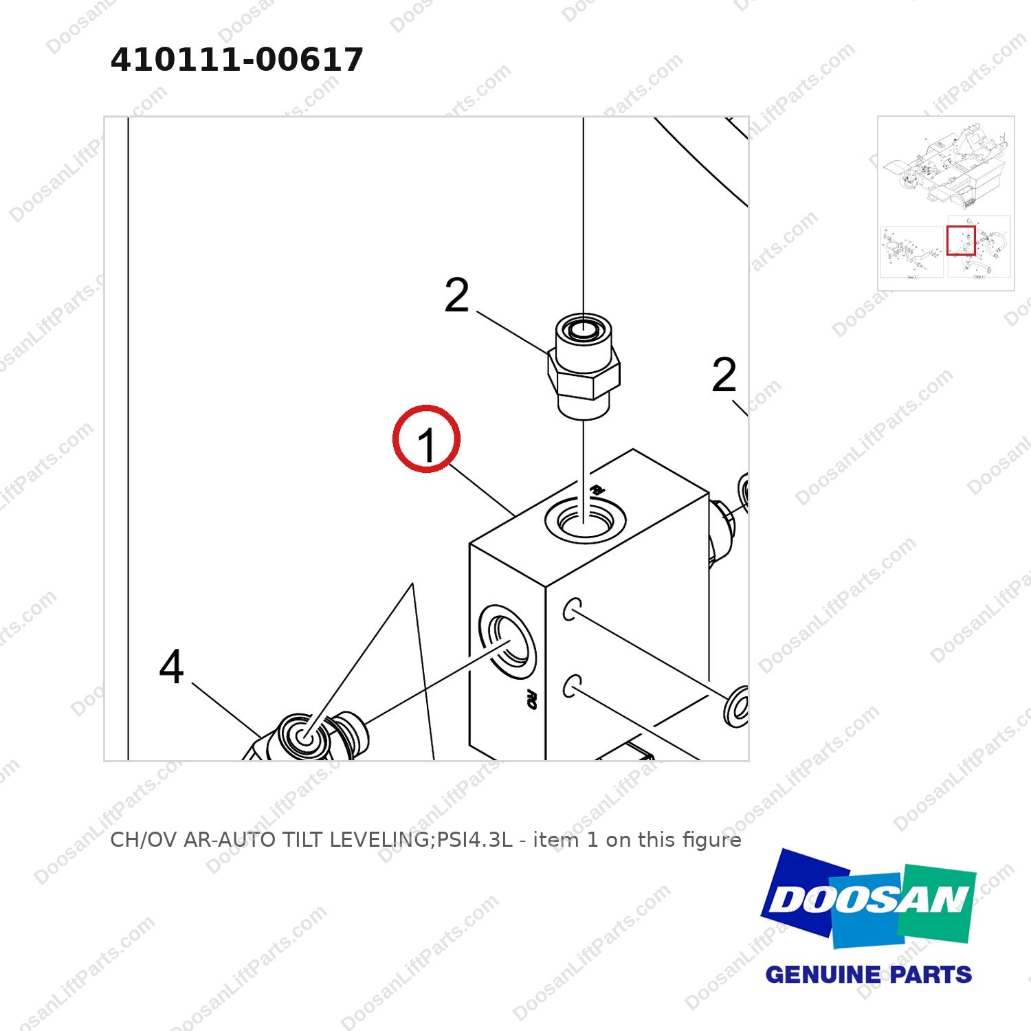 410111-00617 CH/OV AR-AUTO TILT LEVELING;PSI4.3L - parts diagram, item 1 shown - genuine Doosan / Bobcat forklift part