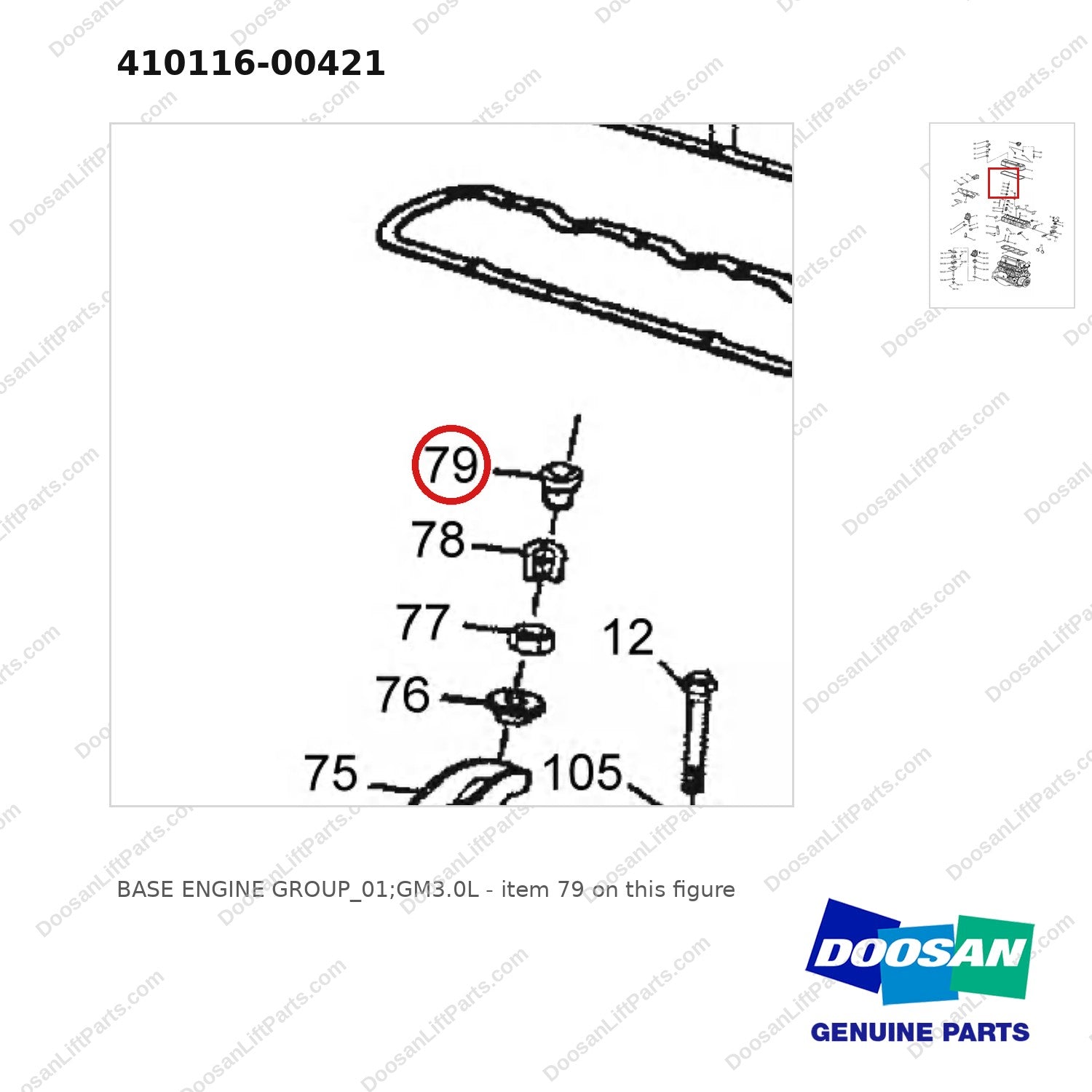 410116-00421 BASE ENGINE GROUP_01;GM3.0L - parts diagram, item 79 shown - genuine Doosan / Bobcat forklift part