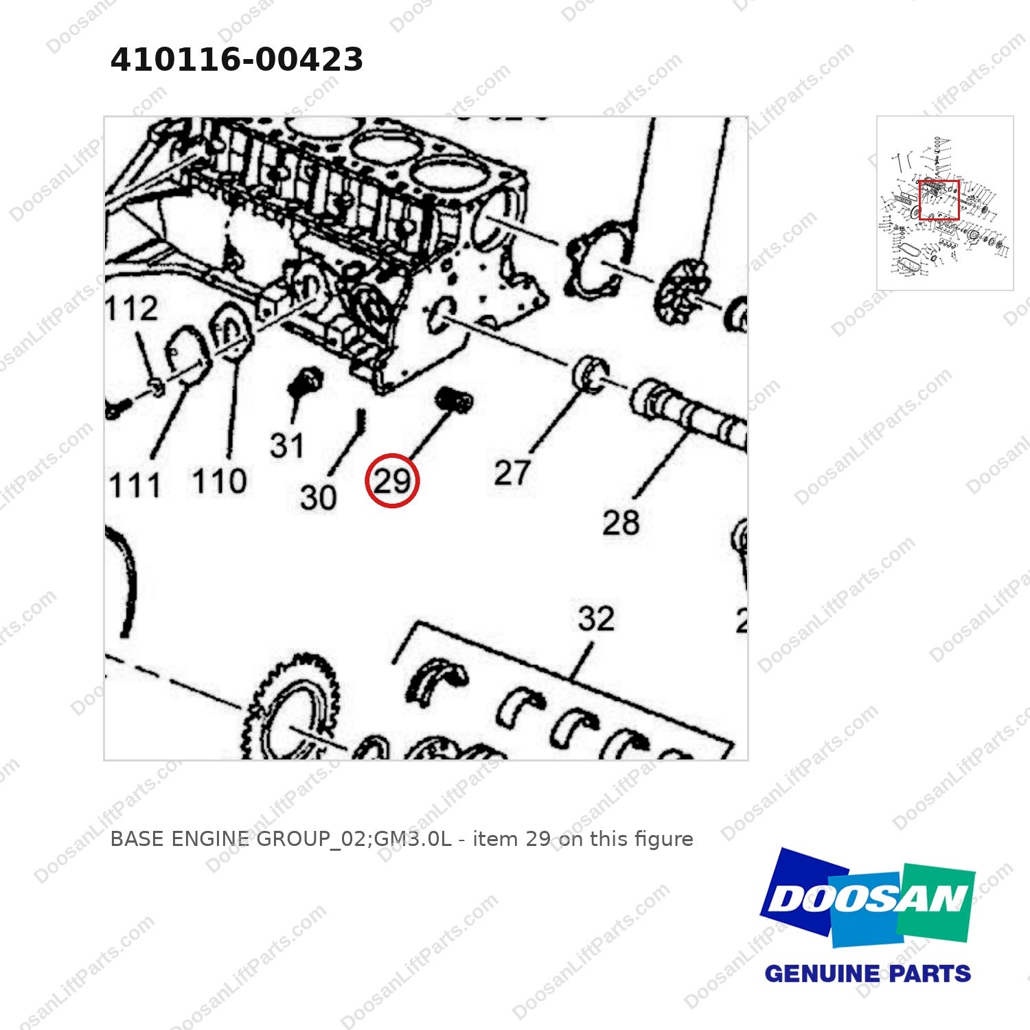 410116-00423 BASE ENGINE GROUP_02;GM3.0L - parts diagram, item 29 shown - genuine Doosan / Bobcat forklift part