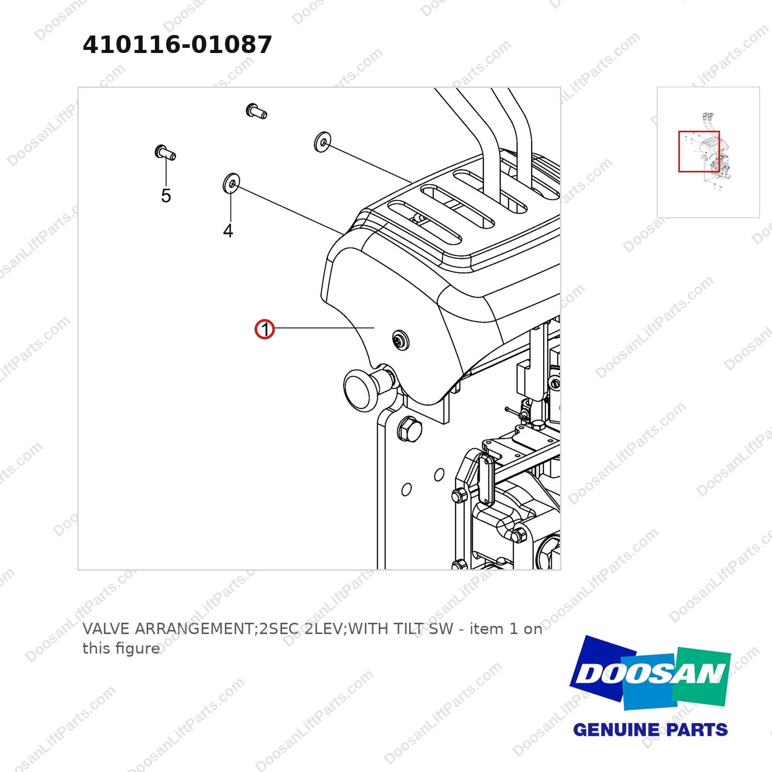410116-01087 VALVE ARRANGEMENT;2SEC 2LEV;WITH TILT SW - parts diagram, item 1 shown - genuine Doosan / Bobcat forklift part