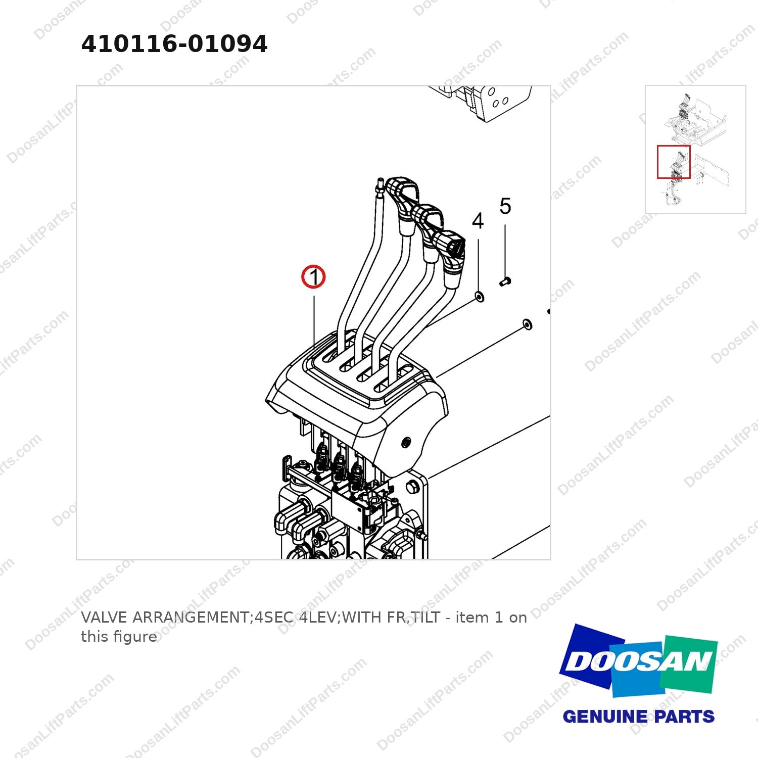 410116-01094 VALVE ARRANGEMENT;4SEC 4LEV;WITH FR,TILT - parts diagram, item 1 shown - genuine Doosan / Bobcat forklift part
