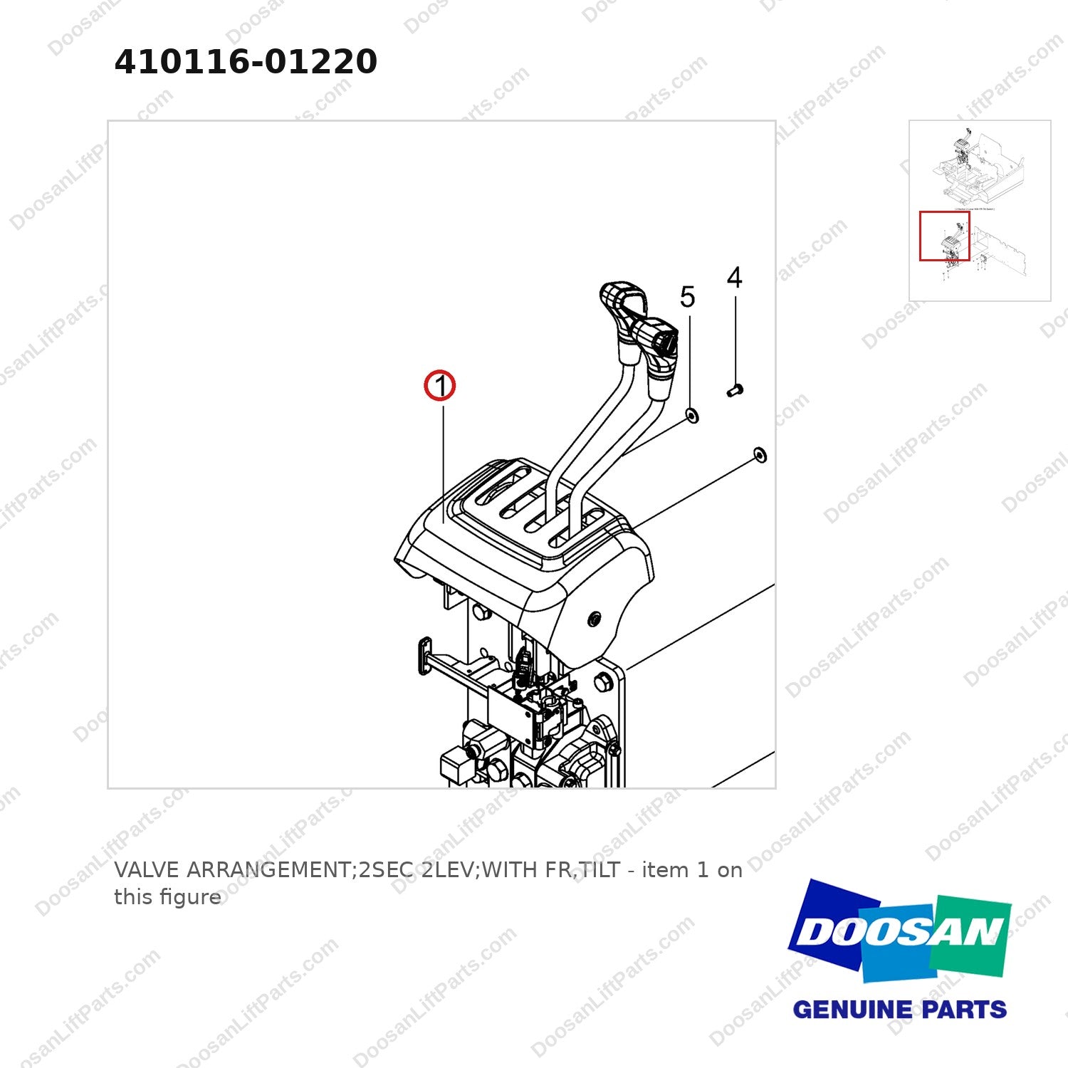 410116-01220 VALVE ARRANGEMENT;2SEC 2LEV;WITH FR,TILT - parts diagram, item 1 shown - genuine Doosan / Bobcat forklift part