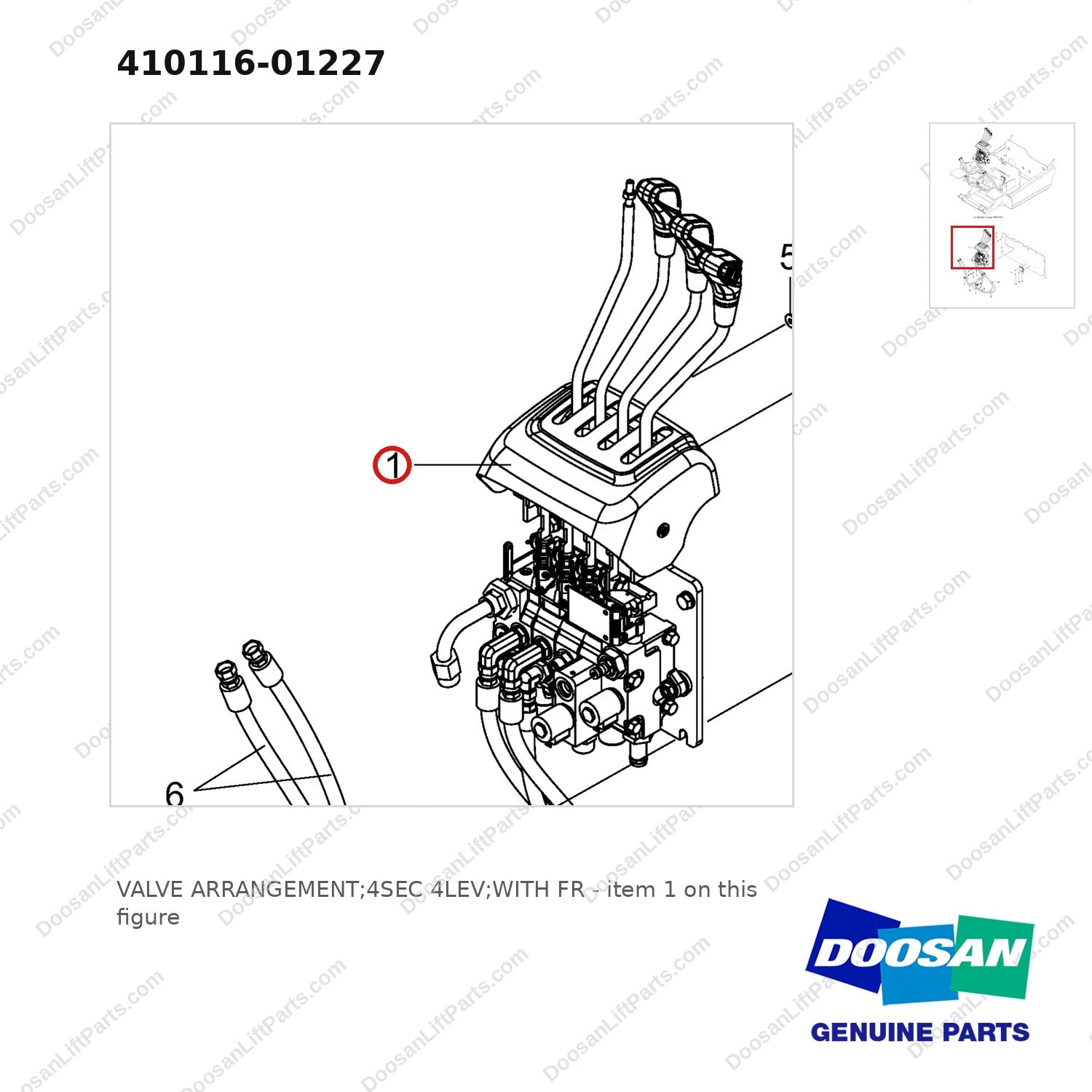 410116-01227 VALVE ARRANGEMENT;4SEC 4LEV;WITH FR - parts diagram, item 1 shown - genuine Doosan / Bobcat forklift part