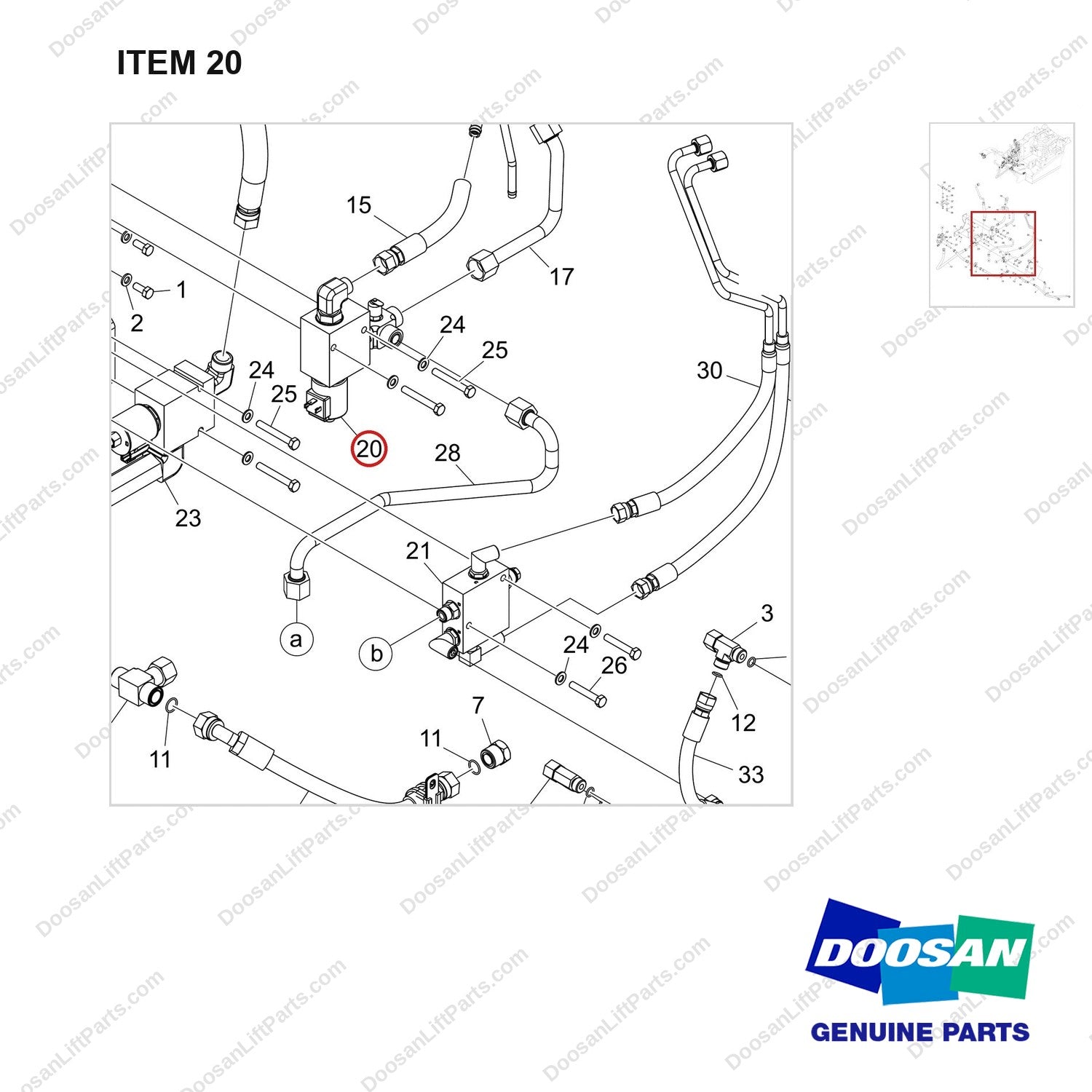 410116-02299 MAST OPERATING LINE GP;FINGERTIP W/GSS - parts diagram, item 20 shown - genuine Doosan / Bobcat forklift part