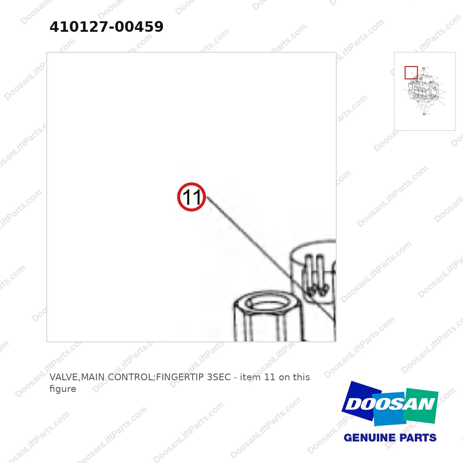 410127-00459 VALVE,MAIN CONTROL;FINGERTIP 3SEC - parts diagram, item 11 shown - genuine Doosan / Bobcat forklift part