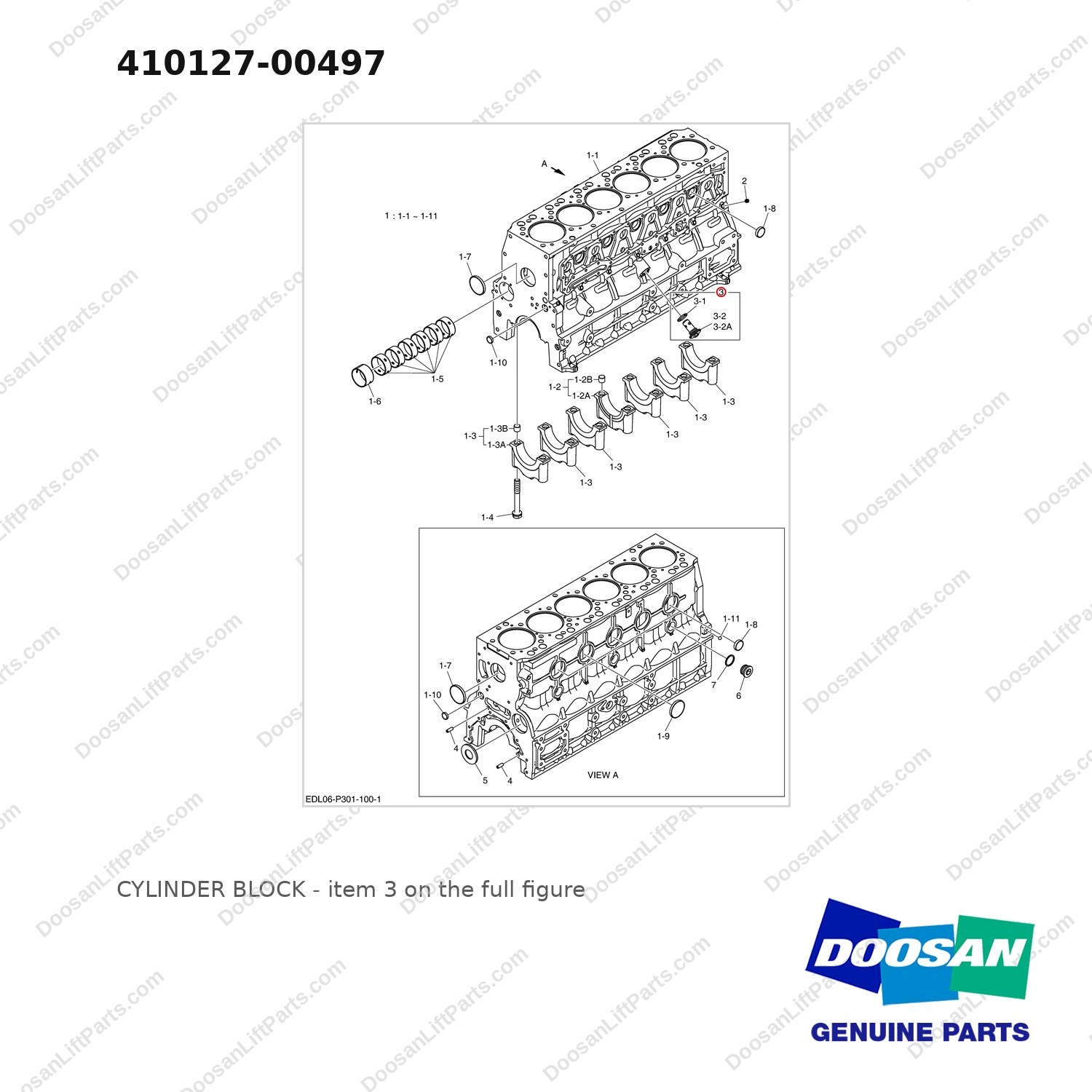 410127-00497 CYLINDER BLOCK - full parts diagram, item 3 marked - genuine Doosan / Bobcat forklift part