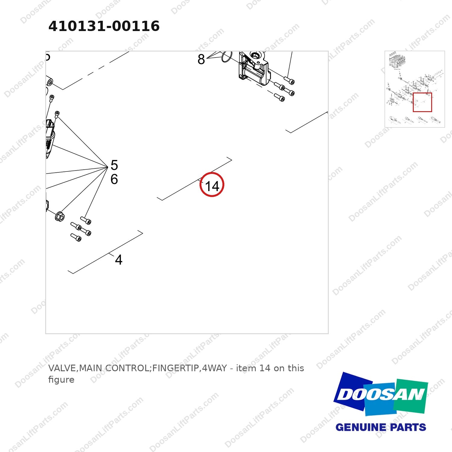 410131-00116 VALVE,MAIN CONTROL;FINGERTIP,4WAY - parts diagram, item 14 shown - genuine Doosan / Bobcat forklift part