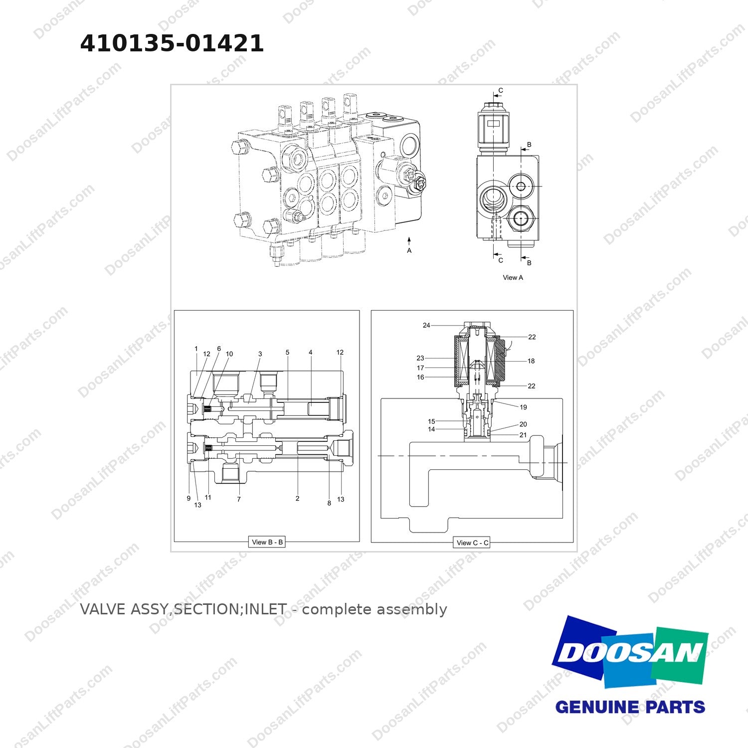 410135-01421 VALVE ASSY,SECTION;INLET - full parts diagram - genuine Doosan / Bobcat forklift part
