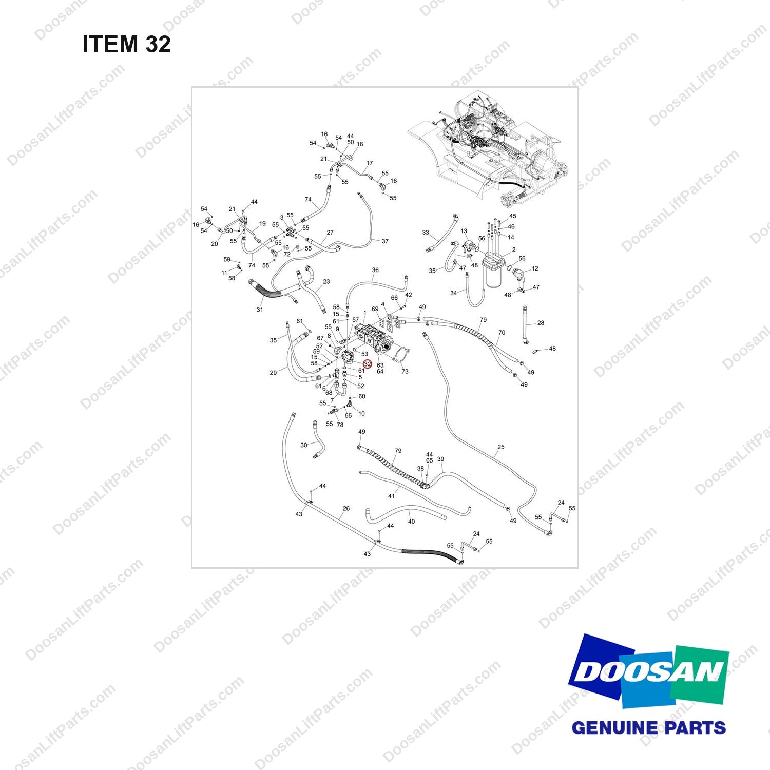 410140-00033 Lines Gp-Mast Operating - full parts diagram, item 32 marked - genuine Doosan / Bobcat forklift part