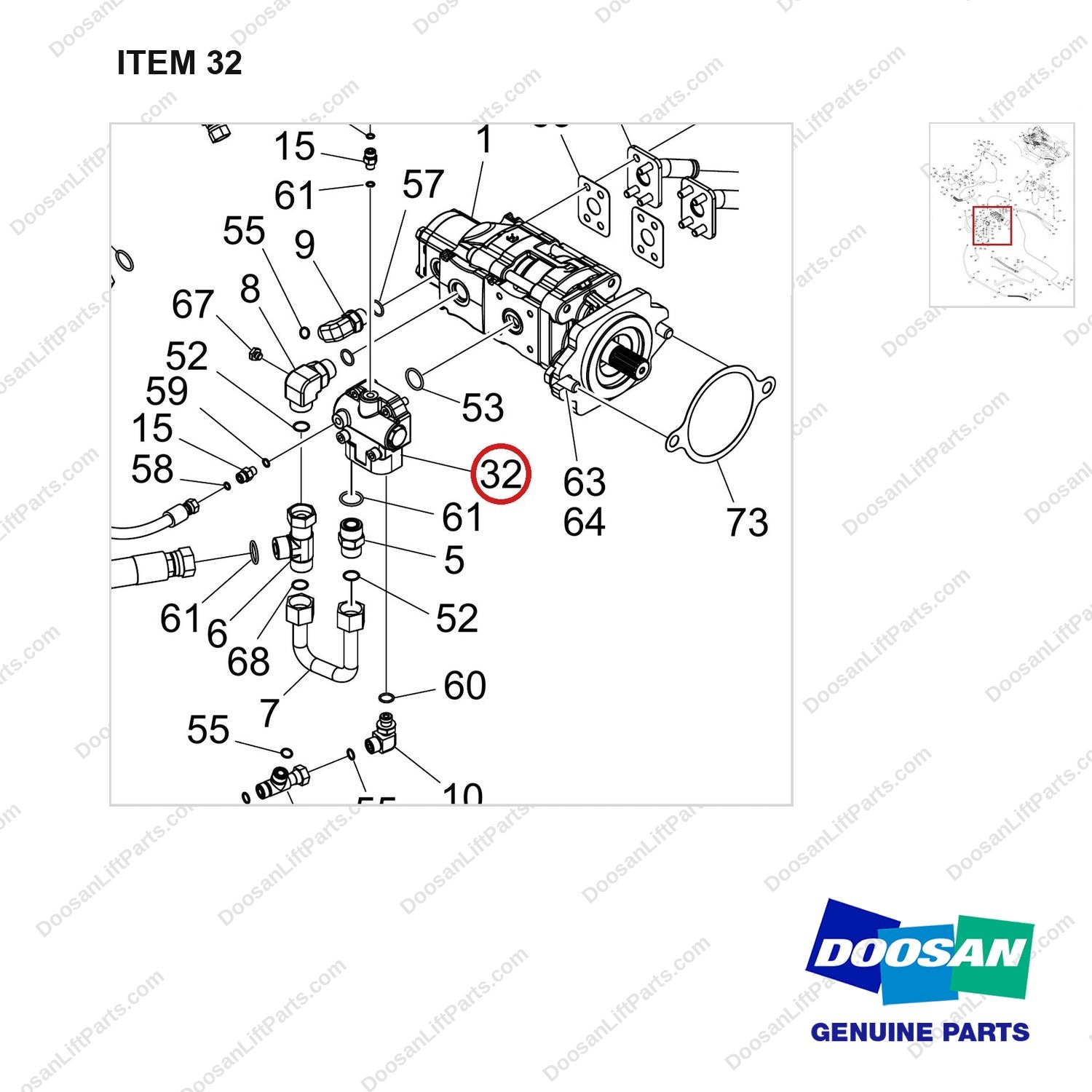 410140-00033 Lines Gp-Mast Operating - parts diagram, item 32 shown - genuine Doosan / Bobcat forklift part
