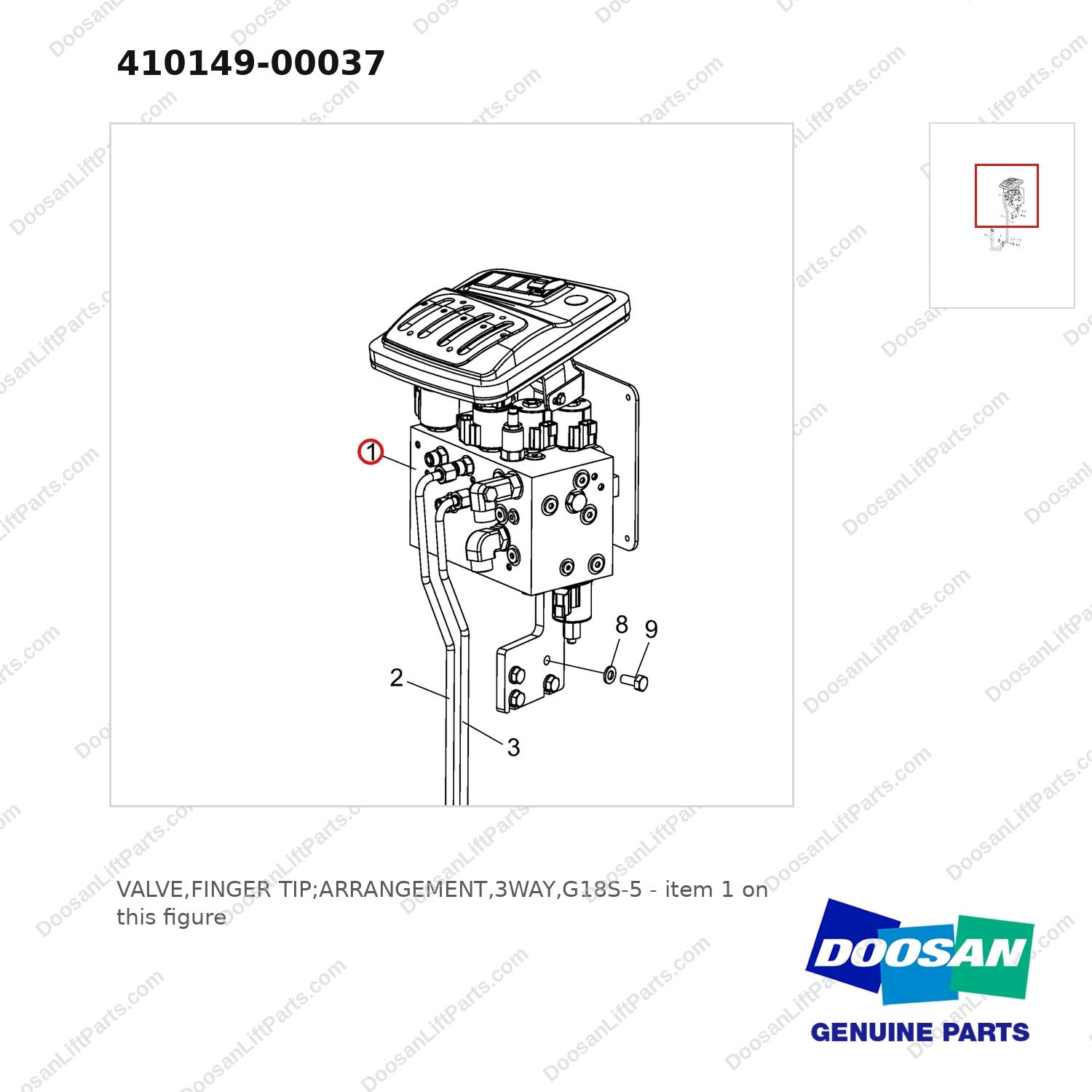 410149-00037 VALVE,FINGER TIP;ARRANGEMENT,3WAY,G18S-5 - parts diagram, item 1 shown - genuine Doosan / Bobcat forklift part