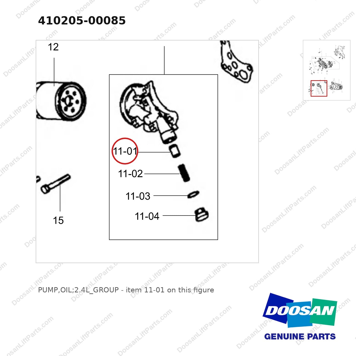 410205-00085 PUMP,OIL;2.4L_GROUP - parts diagram, item 11-01 shown - genuine Doosan / Bobcat forklift part