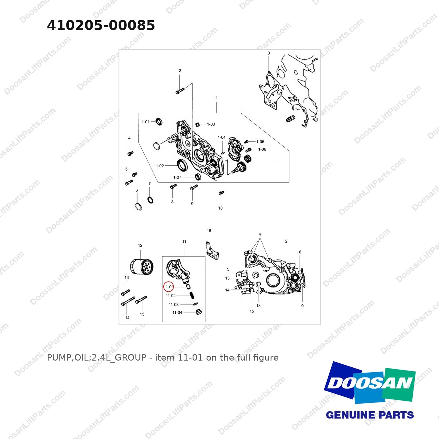410205-00085 PUMP,OIL;2.4L_GROUP - full parts diagram, item 11-01 marked - genuine Doosan / Bobcat forklift part