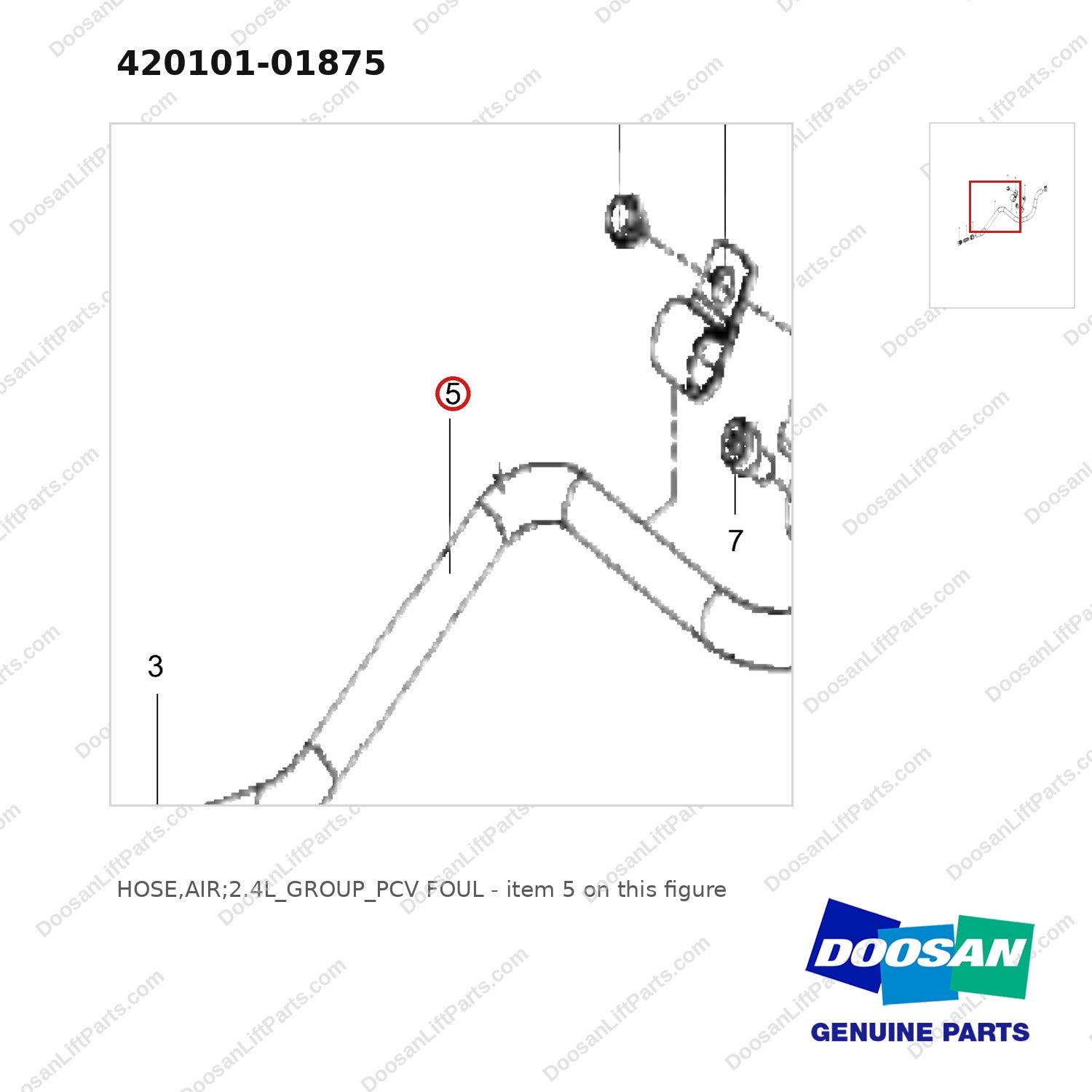 420101-01875 HOSE,AIR;2.4L_GROUP_PCV FOUL - parts diagram, item 5 shown - genuine Doosan / Bobcat forklift part