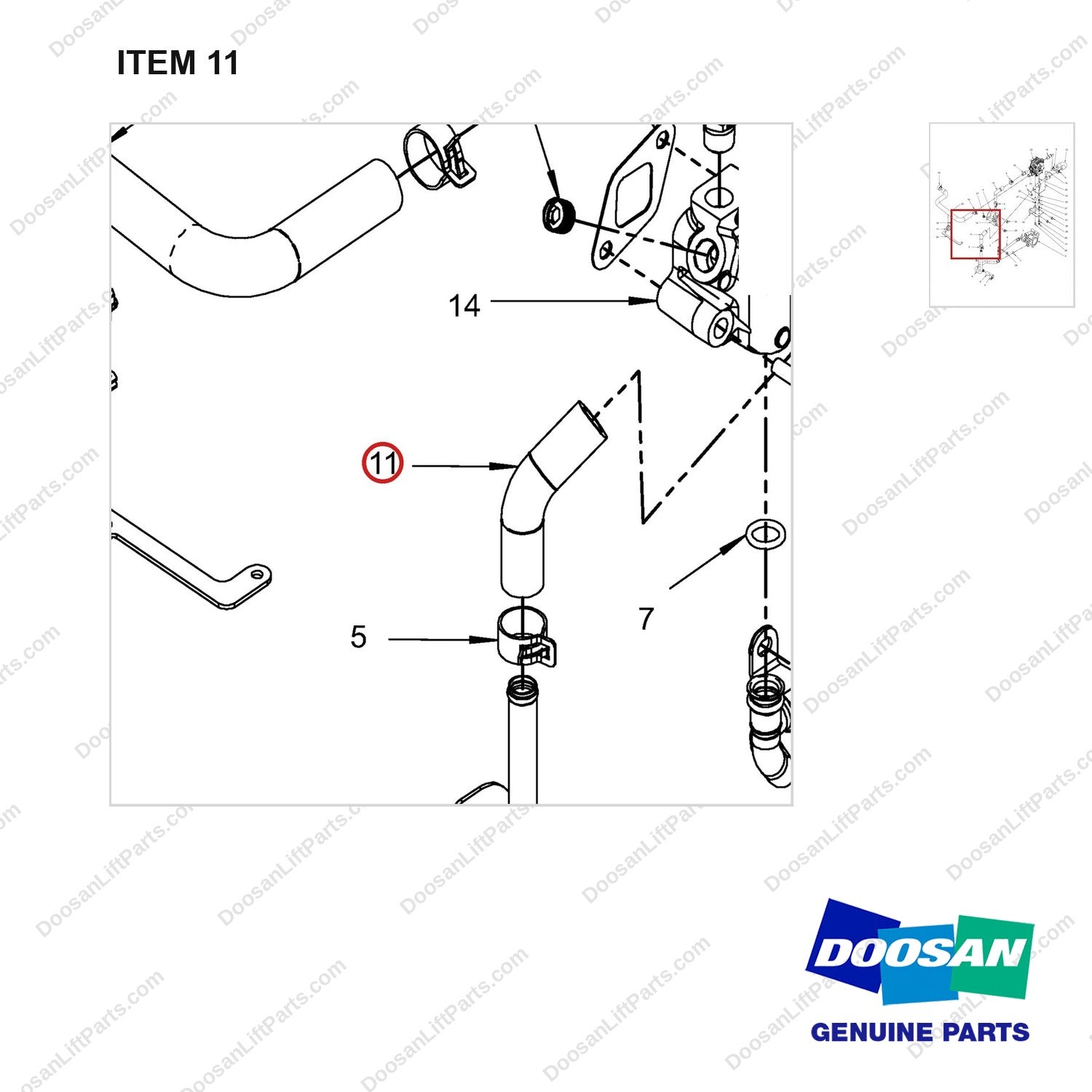 420101-01876 COOLANT UNIT;DSR & COOLANT LINE GP - parts diagram, item 11 shown - genuine Doosan / Bobcat forklift part