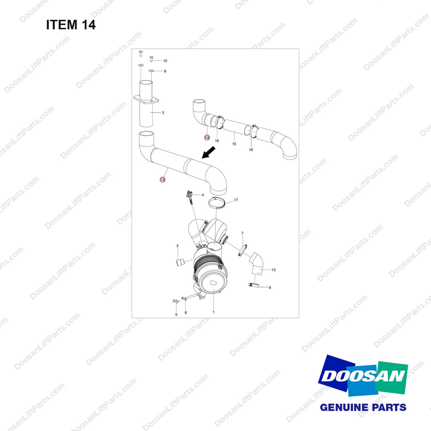 420101-02942 AIR CLEANER GP;D25S-9 - full parts diagram, item 14 marked - genuine Doosan / Bobcat forklift part